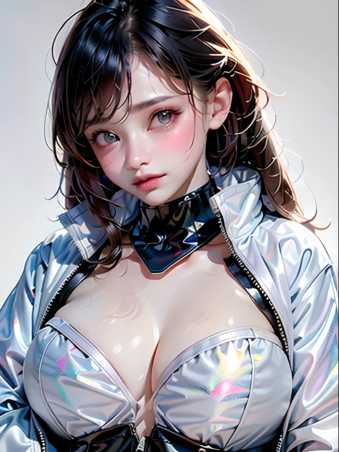 1girl, solo, brown eyes, parted lips, long sleeves,white jacket, simple background, looking at viewer, teeth, jacket, lips, cosplay,huge breast, hands on own breast, breast focus,Breast kneading