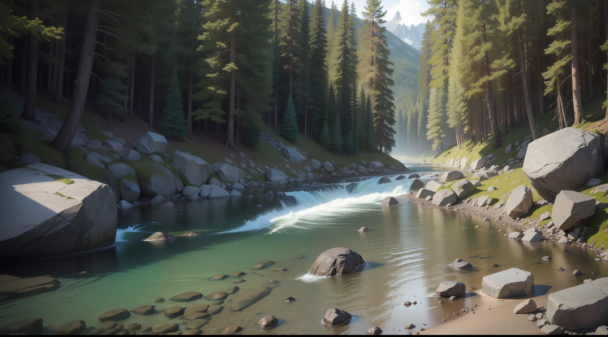 Photo of a rock，beside a river，There are lines on the rocks，Nearby is the forest