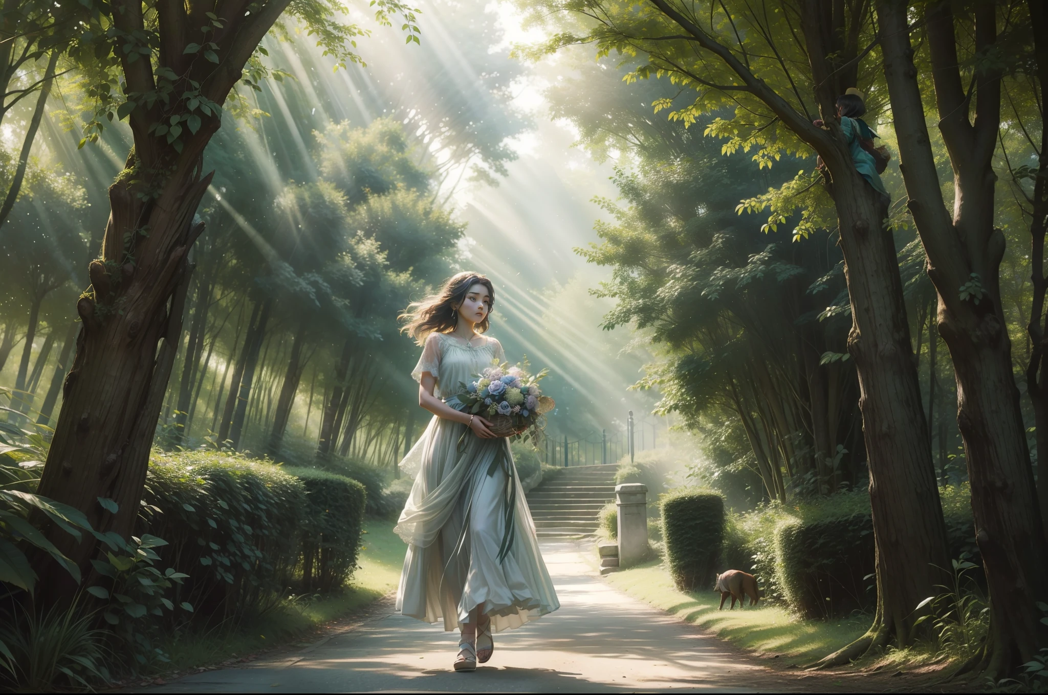 A girl ascending an slight elope through a forest. She holds a basket of flowers. Conservative dressed. Hair on the wind. Rays of light filtering through the trees. Green trees intertwin their branches over the path. Bushes and some flowery plants under the trees. Happy palette of colours. Highly detailed. Ray traicing.