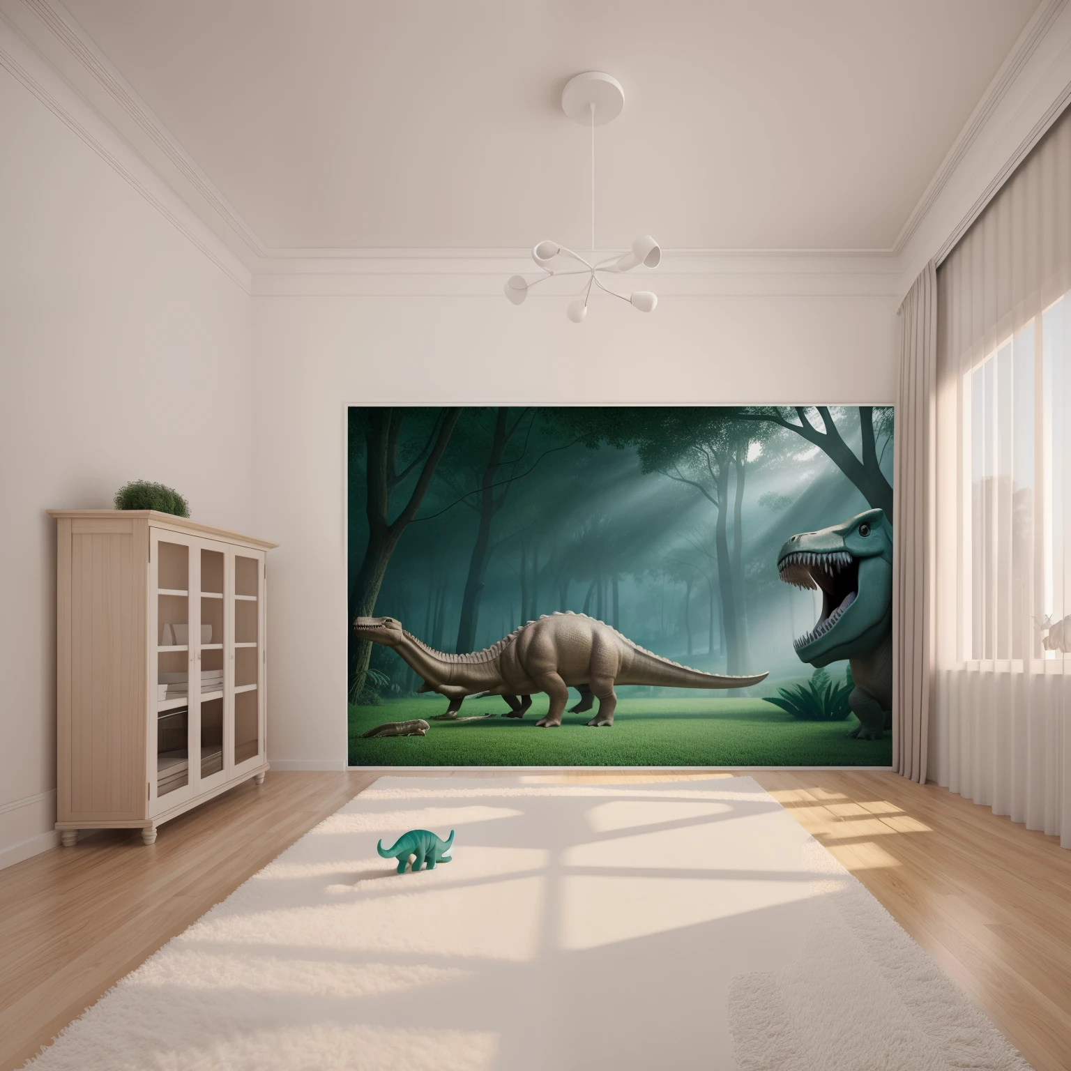 Simple indoor scene, There are dinosaur dolls on both sides of the picture, White carpet, Surrealism, wide shot, panorama, UHD, high details, high quality, highres, best quality, 8k