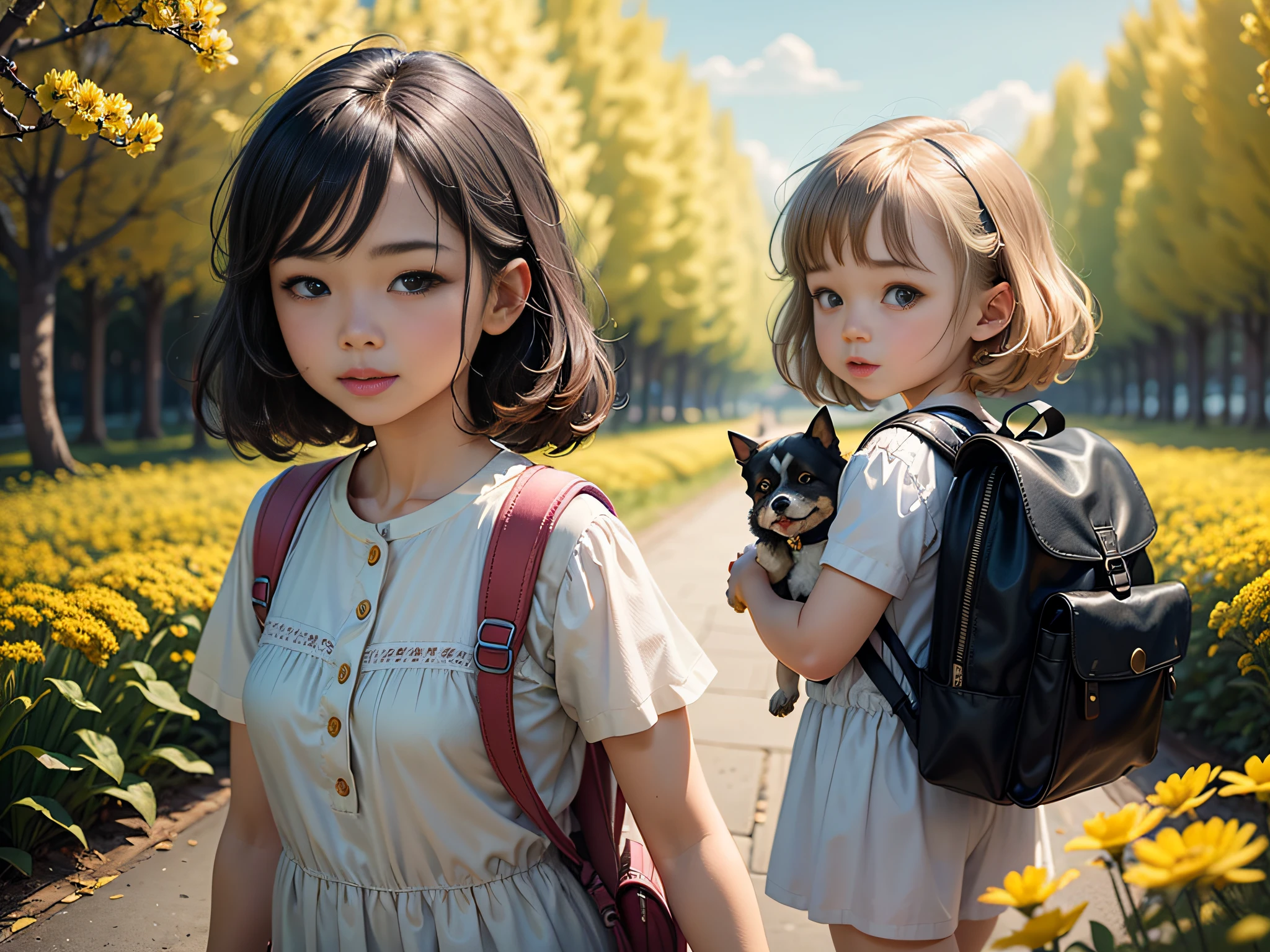A very charming little girl carrying a backpack, With her cute puppy, Enjoy a lovely spring outing surrounded by beautiful yellow flowers and nature。The illustration is a high-definition illustration in 4K resolution, featuring highly detailed facial features and cartoon-style visuals.