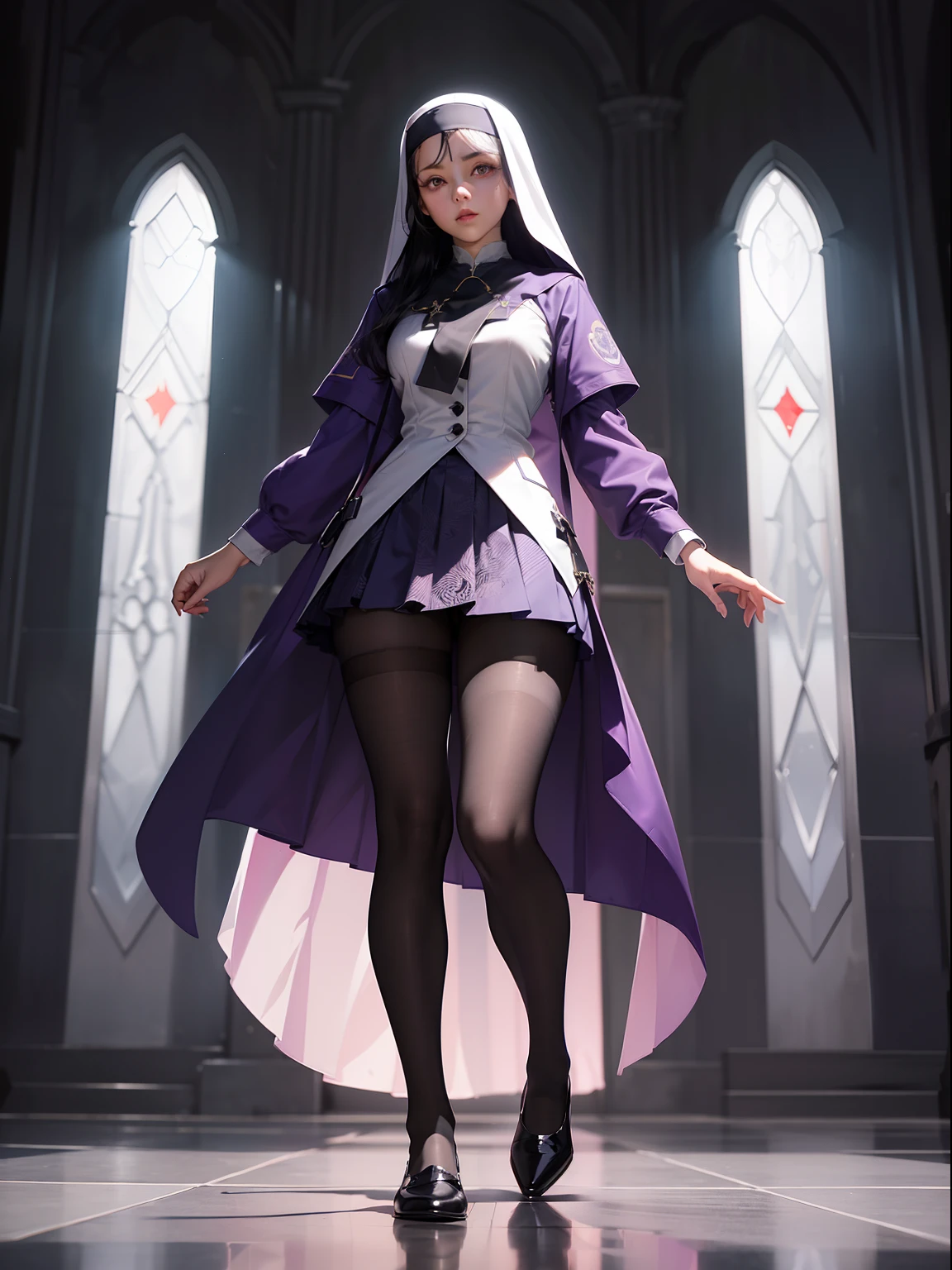 (full body:1.5),(1girl:1.3),(looking at viewer:1.4),(anatomy correct:1.3),(In the paradise of the day:1.3),(Wearing Very thick Printed Pantyhose and Nun suit Set JK uniform printed Ultra short pleated skirt and JK uniform leather shoes with bow decoration :1.3), (A high jump posture:1.3),(In pink|amarelo|blue colors|green color|red colour|white colors|black in color|purpleish color|greys|Beige|Flesh color 1.4),(Glowing eyes:1.3),(Accurate and perfect face:1.4),(Clothing Gloss:1.25),(Skin reflection:1.25),hyper HD, Ray traching, reflective light,structurally correct, Award-Awarded, high detal, lightand shade contrast, Face lighting,cinmatic lighting, tmasterpiece, super detailing, high high quality, high detal, best qualityer, 16k,high contrast,