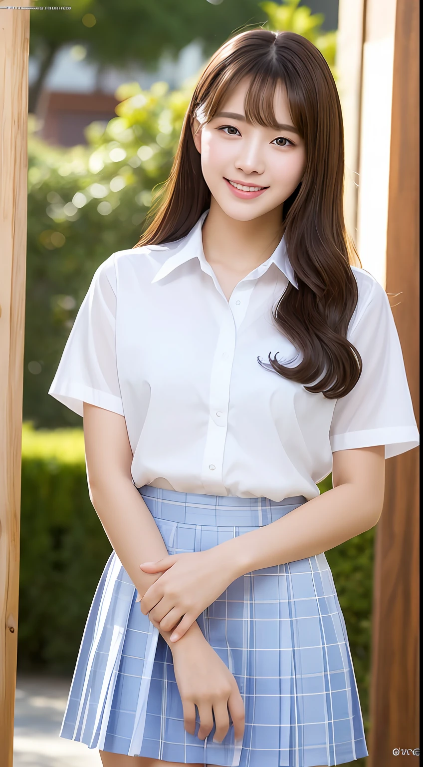 Very detailed 8k wallpaper)、foco nítido、in detail、Drama、Delicate and beautiful schoolgirl、sixteen years old、Sheer white shirt、Quite short skirt、ligh brown hair、hair adornments、Beautiful and sexy、A smile、独奏、Beautiful graphics、Bright school building、Full of students、clean legs、