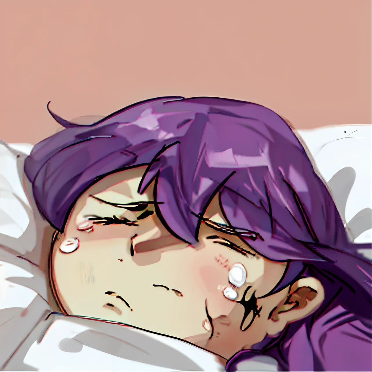 Caricature of a girl sleeping in bed with her eyes closed, Sleepy expression, Look tired, Tired expression, waking up, he is sad, exhausted face, with a sad expression, Sleepy eyes, tired looking, crying eyes closed!, Loish e Goro Fujita, 🍁 , squinting, anime illustrated, background is heavenly, sleepy feeling，Purple colored hair