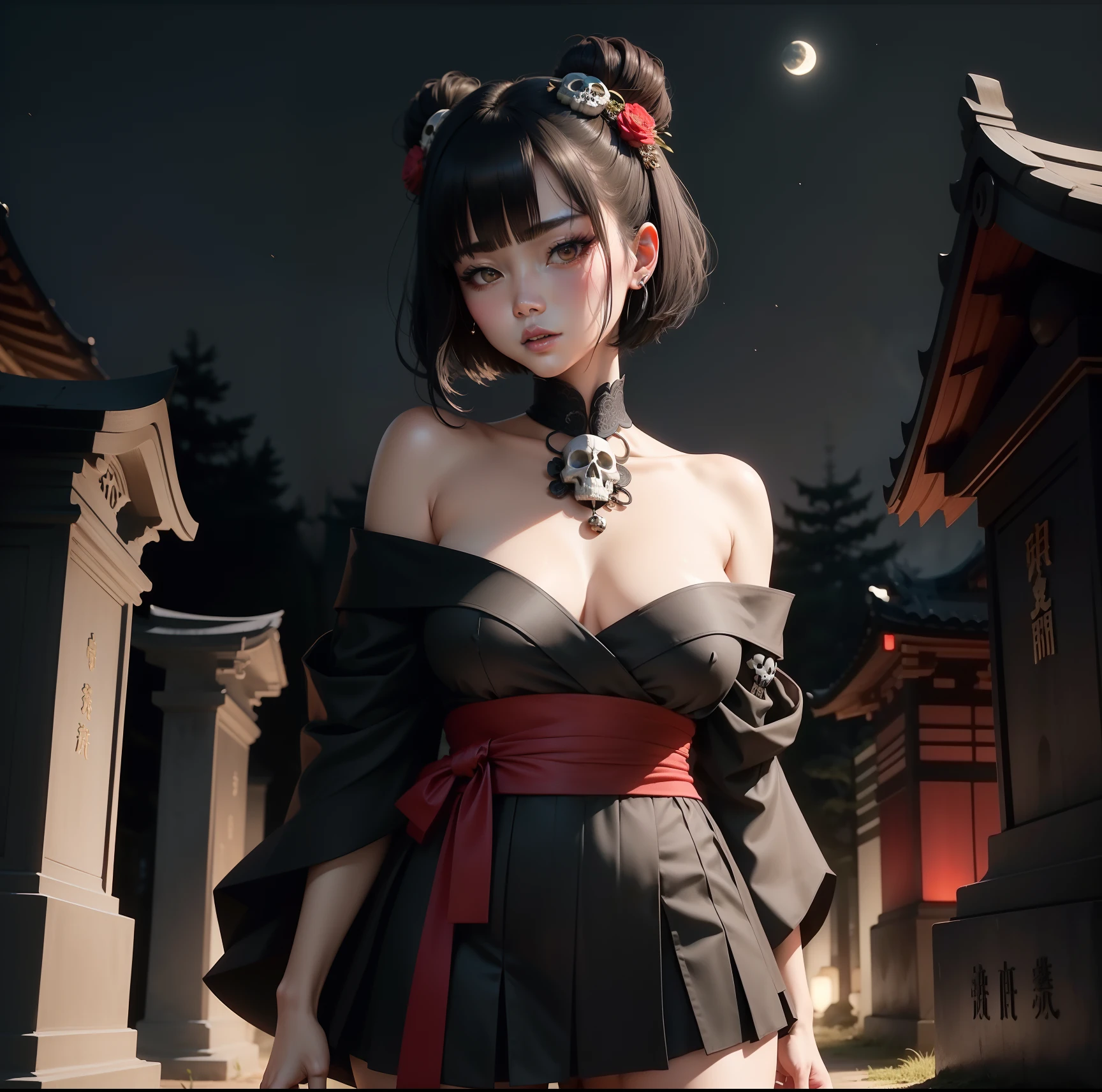 top-quality、realisitic、realisticlying、1Man Woman、Japan Cemetery at night(a moon、Eta、I see the skeleton、)、细致背景、Tense and attractive look(Facial features are a little younger)、Like a raw photo、、Attractive thighs、A detailed face、Black hair(Skull motif mask)、bob cuts、Red kimono(off shoulders、It is a miniskirt style、Skull Accessories)、detailed costume、Amazing costumes、Kinda scary、But fascinating、Not very tall、