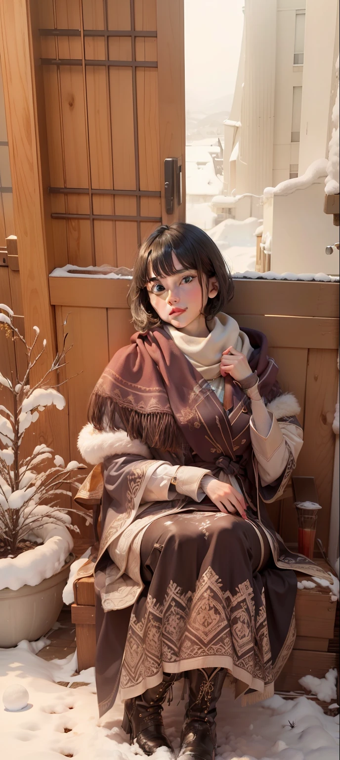 (Close-up: 1.4),
(RAW Photos: 1.2), (Photorealistic: 1.4), (Masterpieces: 1.3), (Best Quality: 1.4), Dreamy, (Detailed Eyes), (Detailed Facial Features), (Detailed Clothing Features), Skin Tightness, (Shiny Skin), (Slender Girls), Big Breasts, (Slim Girls), 1 Girl, (Full Body)), Solo, Cute, Smry, Bangs, Straight Hair, Short hair, beginner hair, black hair, black eyes, crystal pendant, long blue scarf, white long wool coat, black thick pantyhose, brown snow boots,