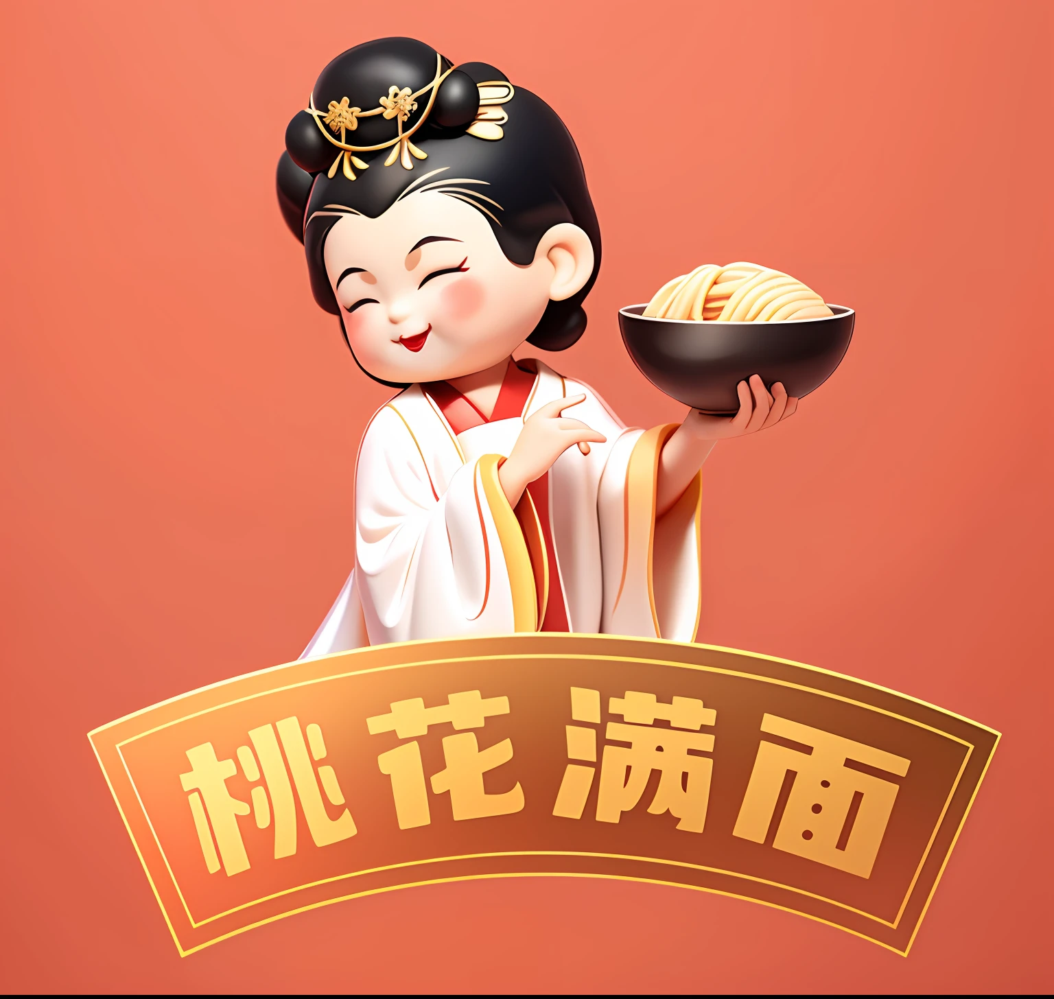 (Masterpiece),(Best quality),(Ultra detailed), Masterpiece, High quality, Best quality, 3Drenderingof, 1girll, Holding a bowl of noodles in his hand, Cherry small mouth, Squint and smile, (Black bun:1), (Black color hair:1),white backgrounid, Red lips, ssmile, The index finger of the right hand points to the bowl, golden headdress, Orchid finger, Chest covering, Tang dynasty lady,the Tang Dynasty,Pink belly pocket,white clothes,Red bowl,
