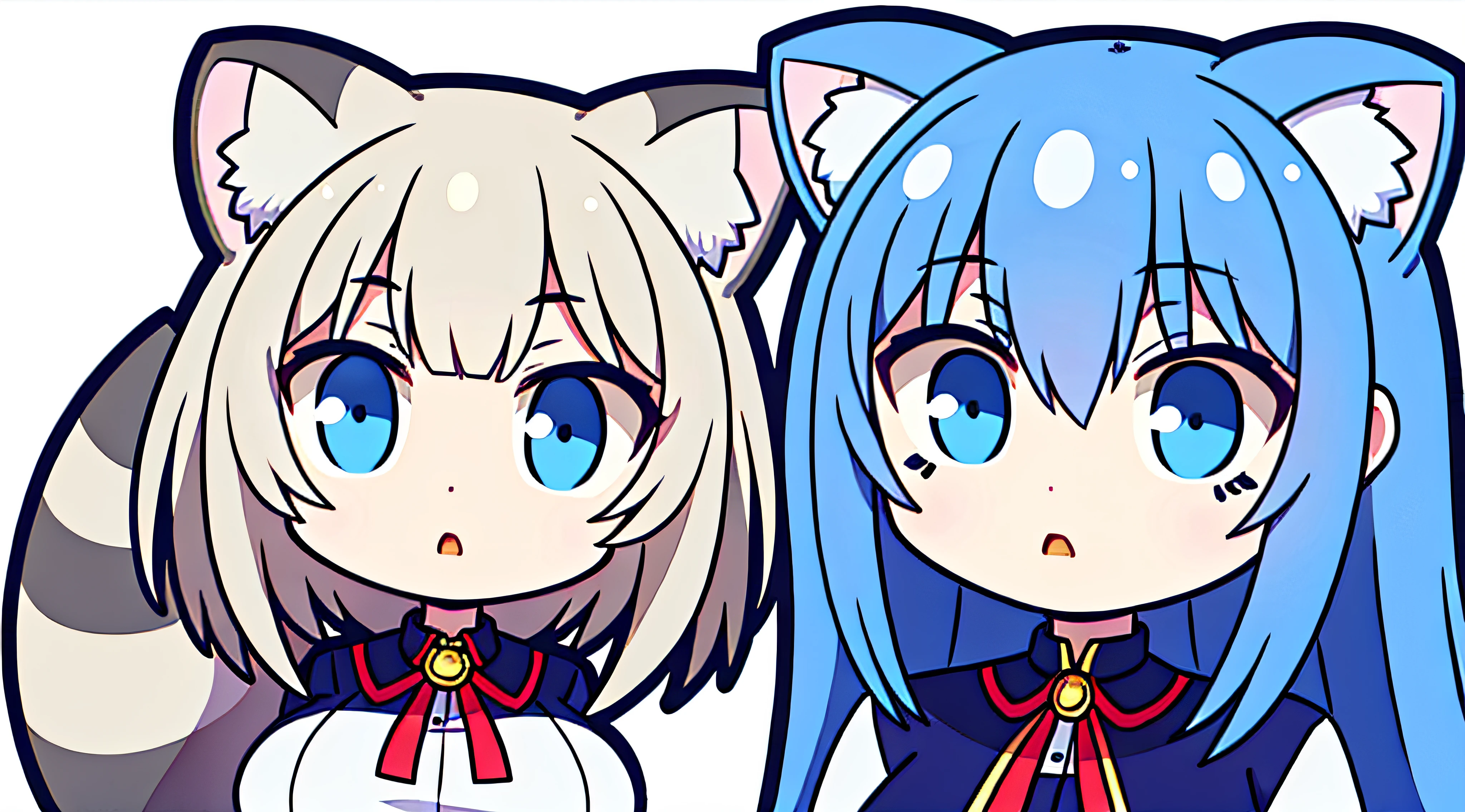Blue eyes,Cat ears,Little raccoon,Pet raccoon, teens girl,2D, tmasterpiece, top-quality, anime big breast, A detailed eye, A detailed face, whaite hair, (whaite hair), long whitr hair, Facial expression enhancement,