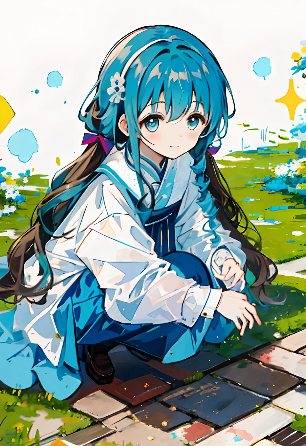 2. The character：Zhixia wears an off-white simple and elegant outfit，Wear cute little hair accessories，Play in kindergarten with a group of small children。 appearance：Dark brown big wavy long curly hair，cyan eyes，The smile is warm and kind。 action：She crouched on the ground，Play with the little ones，Show the image of a serious and responsible big sister，Communicate with them gently，It conveys love and happiness。