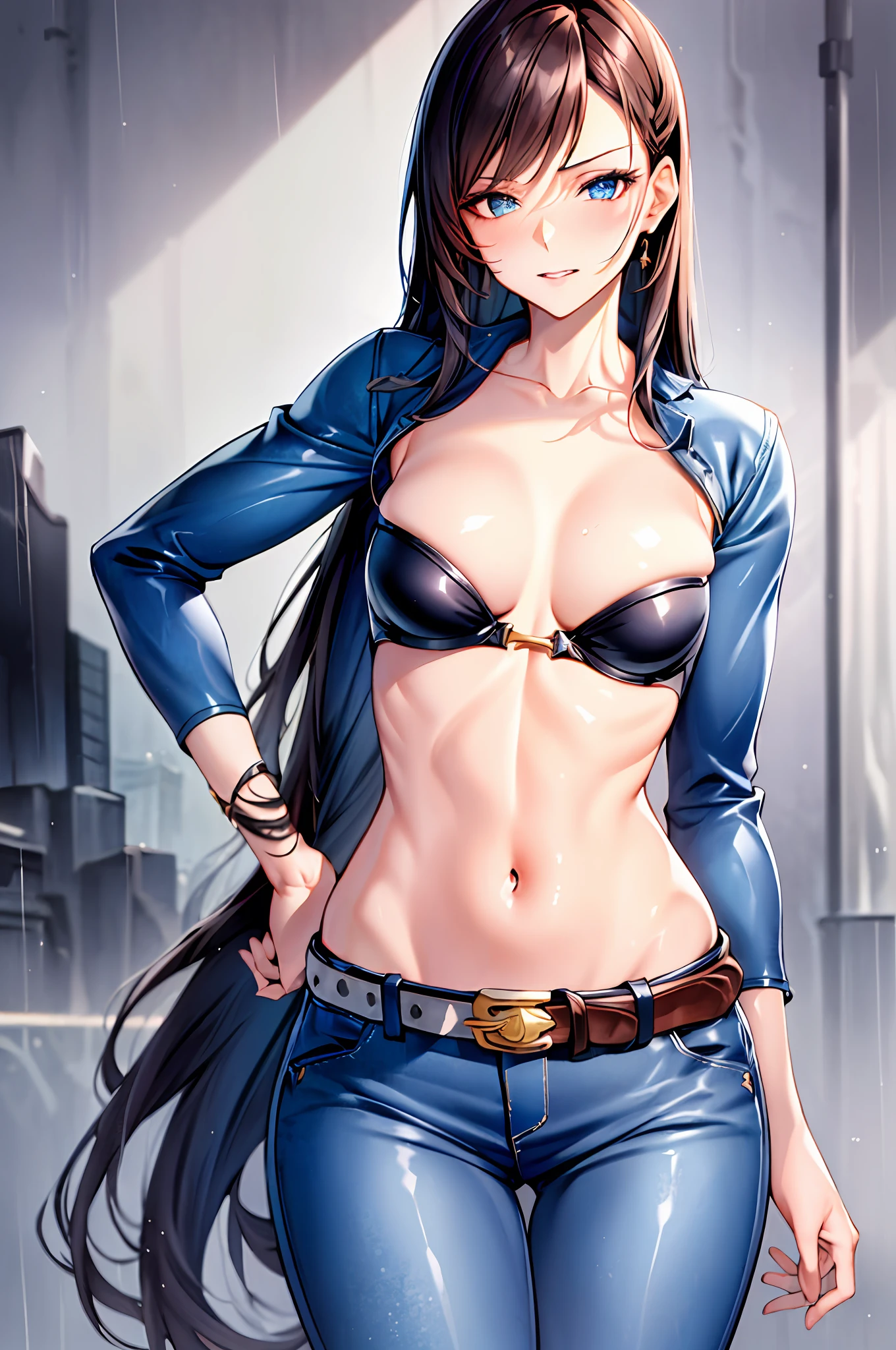 maryms, Best Quality,(beauty), 1girl,phisically-based render ,ultra highres,(cowboy shot:1.5),narrow waist, skinny, LeonaMS ,muscular, big blue eyes,long legs,jeans,leather belt,small breasts,puffy eyes, leather belt,(rainy city), shiny skin, facing viewer, Victory posture,