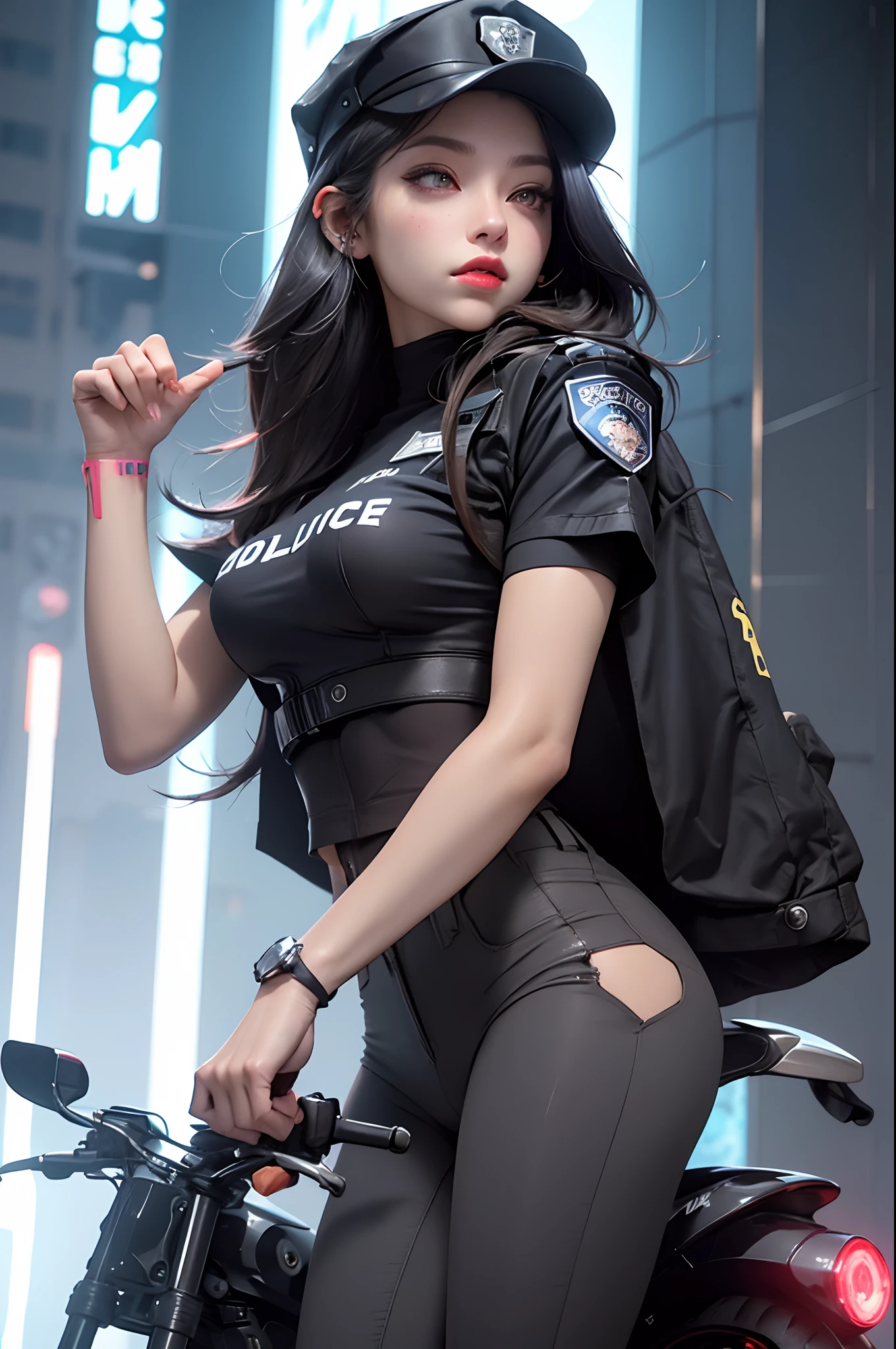 Beautiful woman medium hair, wearing cap, cyberpunk style short clothes, cyberpunk police woman, tomboy, Traffic Police, flying futuristic police motorcycle, police hovercycle patrol, night, neons