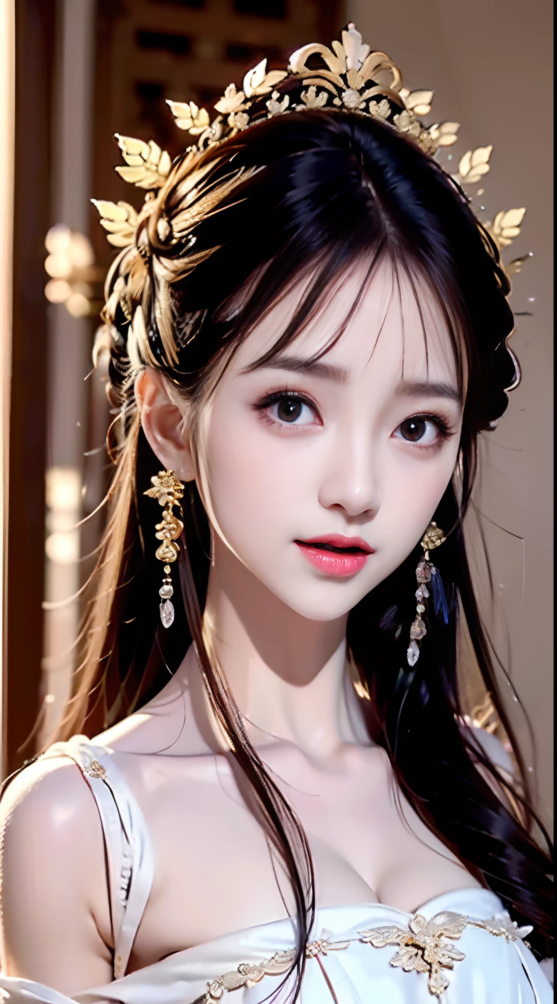 (Bust Shot: 1.6), ((Face Shot)), (Face Specific), ((One Person)), (Single Person))), Black Hair, A Domineering Adult Woman, ((Delicate Black Robe: 2.5)), (Black Clothes: 2.0), Silk, Brocade, Dragon Pattern, Phoenix Pattern, Pattern, (Many Golden pattern: 1.7), Delicate pattern, hair bundle, cool clothing, lots of streamers, lots of ribbons, gold patterns, patterns, Dark lines, translucent clothing, white skin, tulle texture, black hair, master works, close-up lenses, depth of field, ruby, ruby decoration, crystal headdress, pretty girl, ray, king, emperor, monarch, queen, queen, phoenix crown, exquisite clothes, exquisite details, eye highlights, exquisite clothing, exquisite patterns, antique, Chinese style, fine portrayal, extreme details, cinematic quality, thin, slender, hair details, thin bangs, (coiled hair: 1.7), correct body, shadows, Air bangs, 8K, super fine, fine damask texture, silky, silky, silk, gauze skirt fabric, (tulle: 1.9), smooth, smooth texture, good complexion, domineering, interior, court, court, court, ((palace scene)), dark light, palace scene, golden splendor, front, throne, correct hand painting, 8K, super detail, super detail, 16k, highest quality, extreme detail