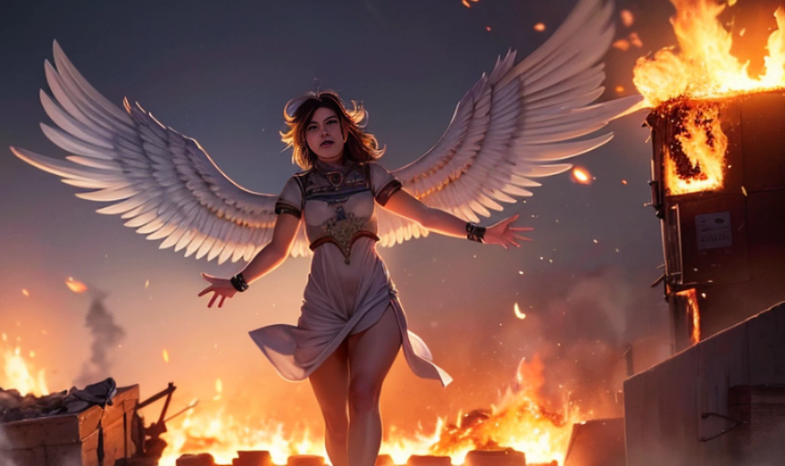 A medium shot of an angel rising into the sky over a burning city, dramatic lighting, sharp, details, flames, fire, burning buildings, looking at viewer, detailed skin texture, beautiful detailed face, ultra detailed, intricate details,