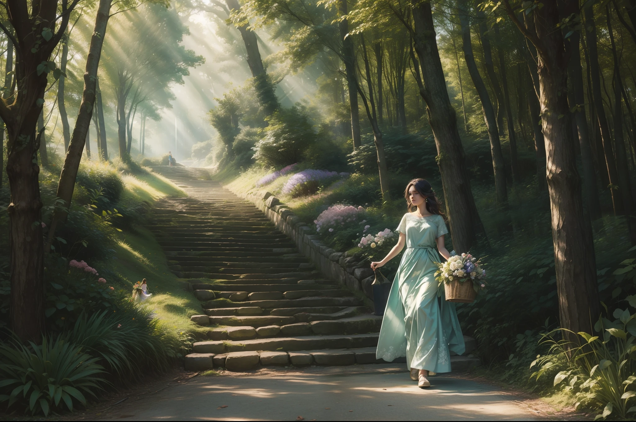 A girl ascending an slight slope through a forest. She holds a basket of flowers. Conservative dressed. Hair on the wind. Rays of light filtering through the trees. Green trees intertwin their branches over the path. Bushes and some flowery plants under the trees. Colourful image. Highly detailed. Ray traicing.