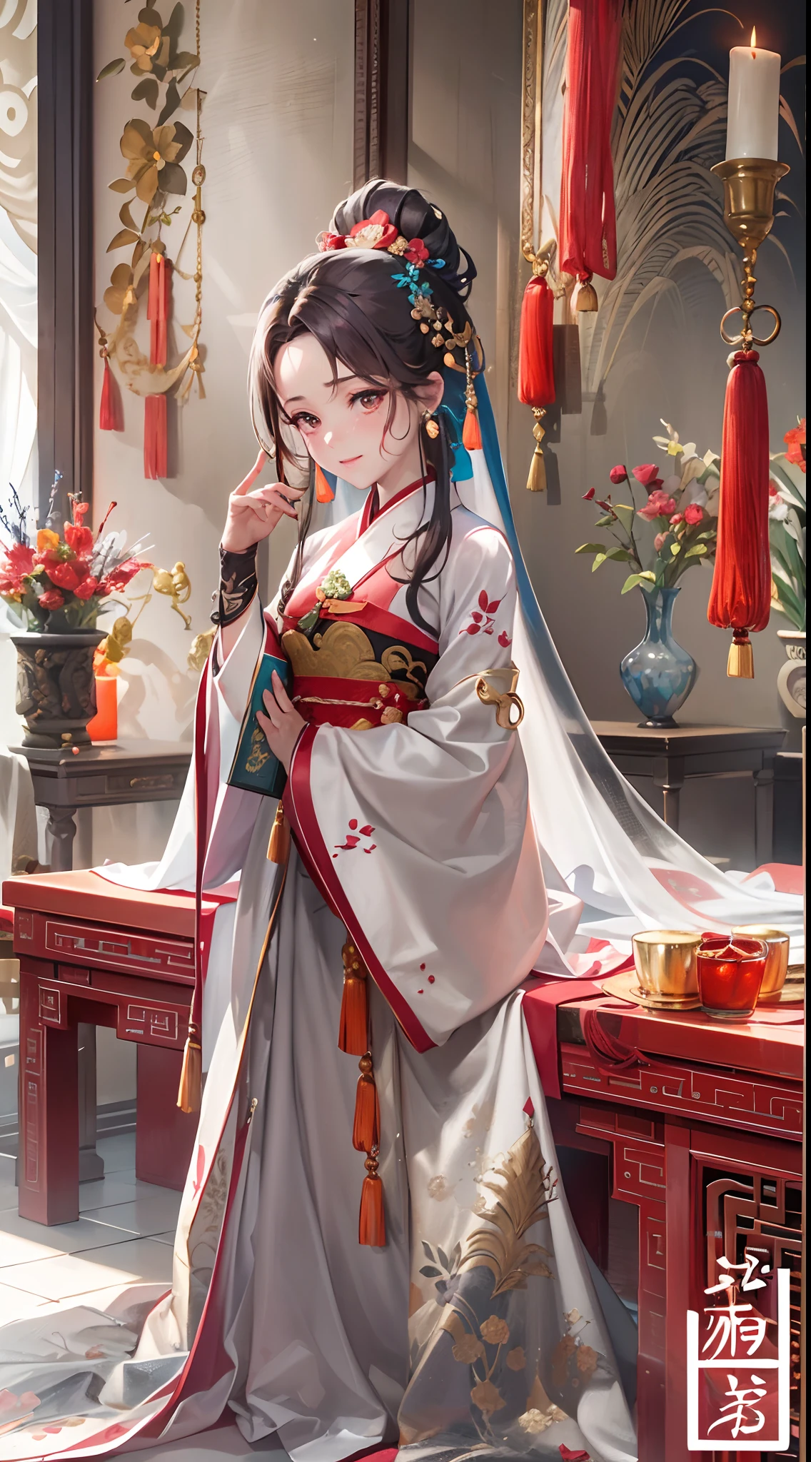 a character portrait,Chinese Ancient Times,Oriental women,,Tang Feng,（Hanfu：1.5）Double happiness background,Matrimonial room,bridal chamber,Costume bride,Red wedding dress,red color Hanfu,Phoenix Guanxia,Hair coiled,Hair full of pearls,There are flowers between the eyebrows,Red candles,Candlelight illuminates the room,Best quality at best,Original,Very detailed masterpiece,Very detailed CG,Refined face,The hair is fine,Beautiful,atmospurate,Wide robe with large sleeves,divinity,tmasterpiece,delicated face,ssmile,4k画质,teens girl,Hanfu,Black hair,hair-bun,hair adornments,jewelry,The face is delicate,Red clothes,Gold pattern,Phoenix Guanxia,Red wedding dress,newlywed,jubilation,Fine fine skin,Soft light effects,Delicate and smooth hair,exquisite detailing,eyes highlights,Fair skin,Fine portrayal,Ultimate detail,Cinematic quality,Charming,being thin,adolable,slenderness,clever,is shy,Black eyes,inside in room,waxy candles,luz de velas,𝓡𝓸𝓶𝓪𝓷𝓽𝓲𝓬,warm,Smile, tsurime, Makeup, Sad, Depressed, Sulking, Sobbing, Lonely, Disappointed, Crying, ripped apart, Tears, surrealism, Ray tracing, hyper HD, High details, Super detail, A high resolution, 8K, High quality, High details, Textured skin, ccurate, Anatomically correct, Best quality, A high resolution, High quality, Textured skin, High details, Anatomically correct, Super detail, Anatomically correct, Anatomically correct