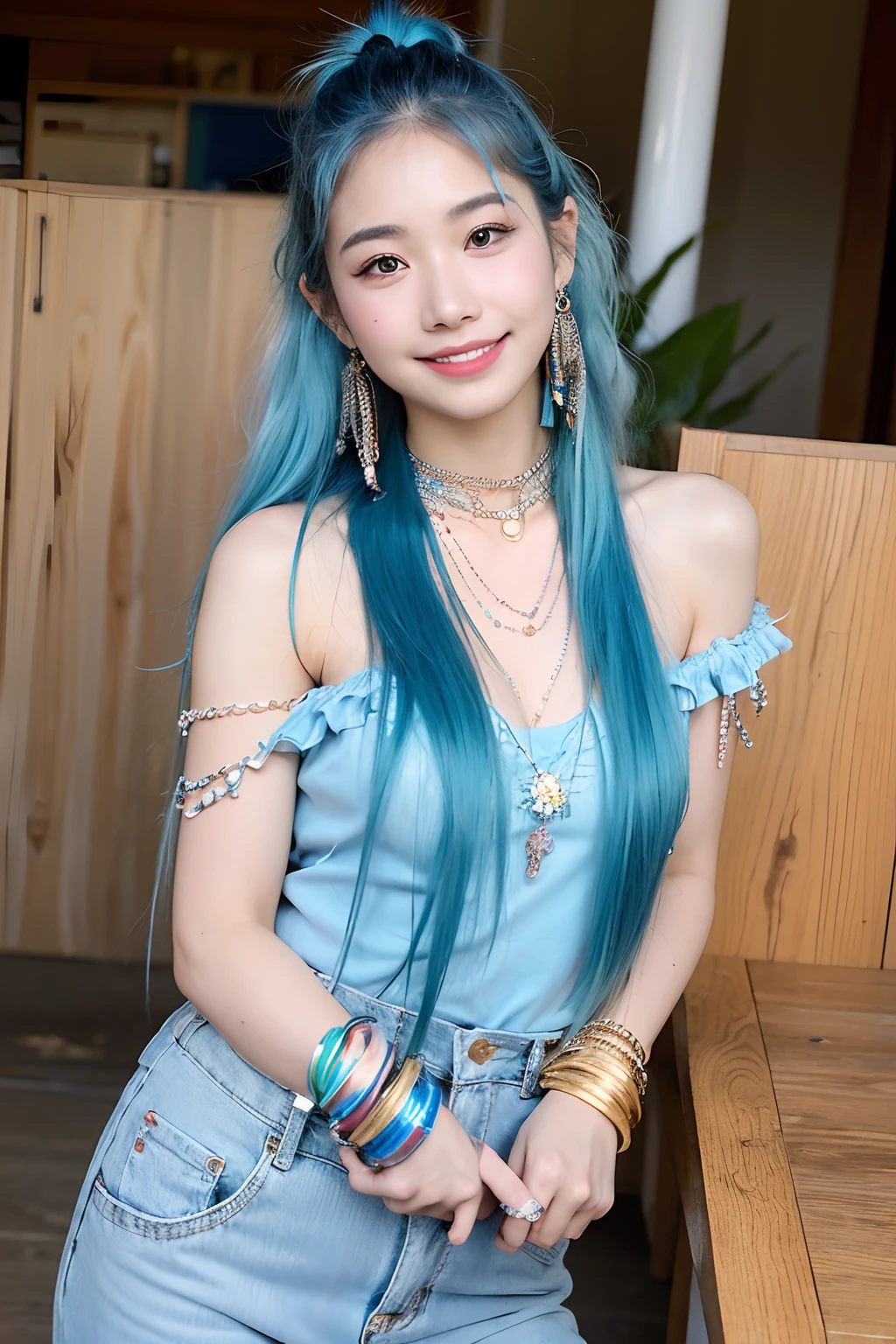 (extra detailed body、extra detailed face、best qualtiy:1.2)、femele、looking at the viewers、(lightblue hair、Flashy clothes、15yo student、a smile、Feather piercings down to the bottom of the shoulder、hippy、hair adornments、Fancy Necklaces、bell-bottoms)、(Woodstock:1.4)