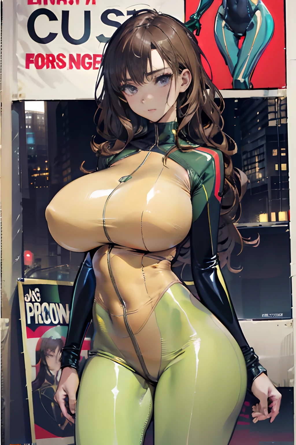 Ultra-realistic 8K CG，Flawless face，flawless perfection，，full bodyesbian，One-piece tights，Conjoinment，Light green latex set，Standing on the ground，poster for，huge tit，Huge breasts，A sagging breast，long leges，Slim，being thin，tightsuit