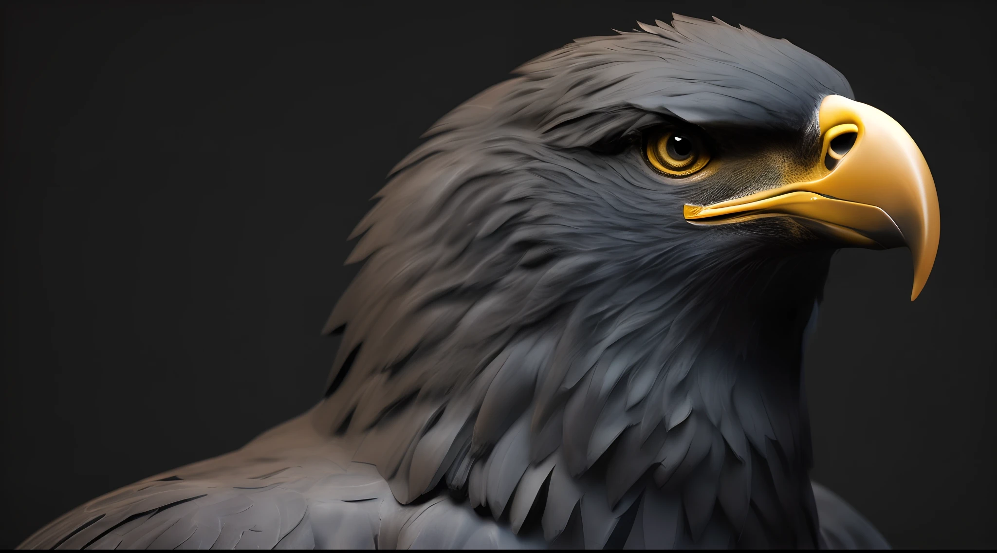 Create a striking image of the bust of a black eagle with a fierce expression, facing, emphasizing the intensity of its gaze, set against a dramatic black background, 4k, realistic movie