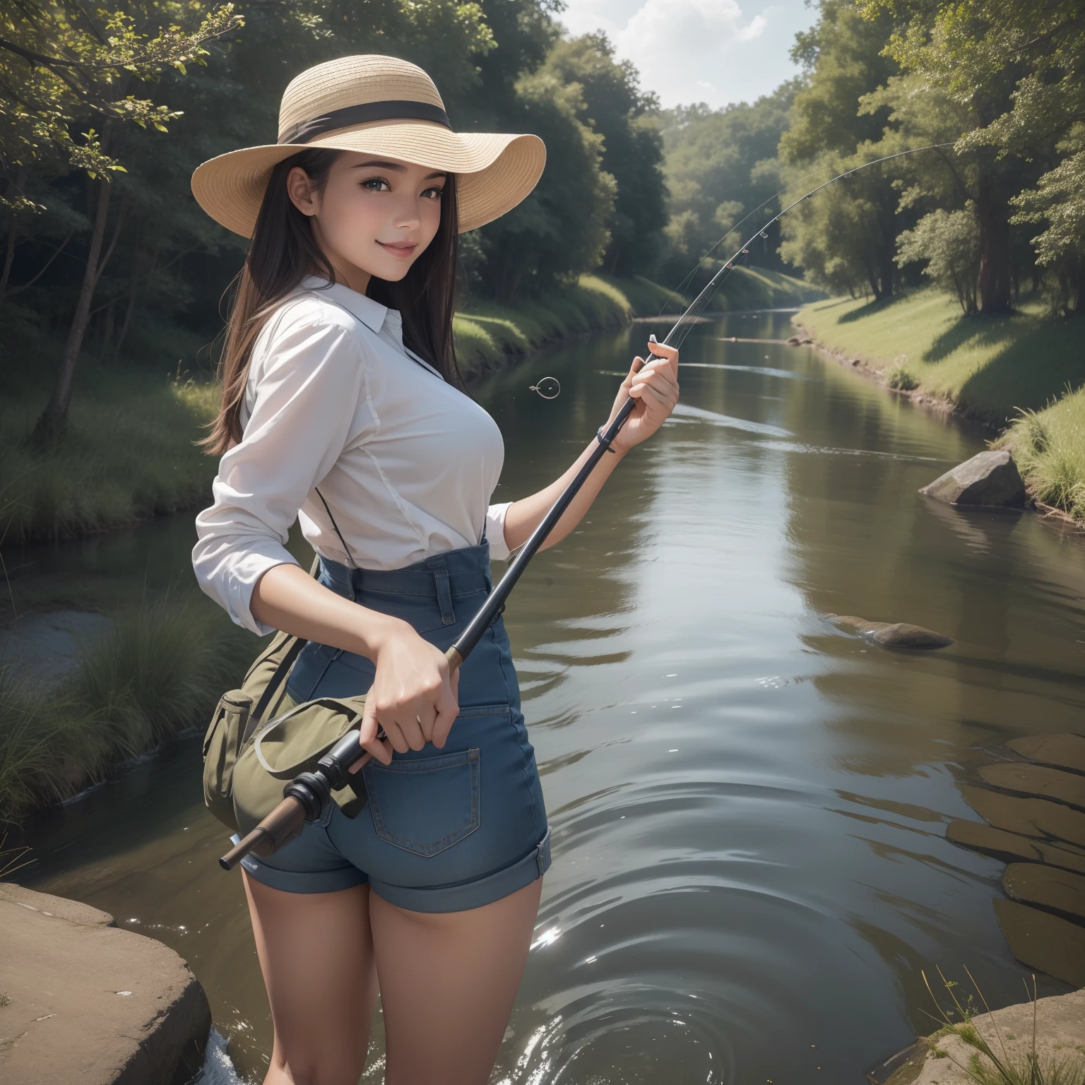 top-quality, Masterpiece, 1girl in, perfect bodies, face perfect, perfect hand, Perfect fingers, Perfect lips, perfect eyes, Perfect background, perfect vibe, Professional quality, in 8K, Perfect Photo, Top resolution, (photographrealistic:1.3), (High Detail Skins:1.2), 8KUHD, Digital SLR,8K, absurderes, best ratio four finger and one thumb, (realisitic:1.3), Medium breasts,Rear view of girl in hat fishing in tributary of river, Suitable for river fishing, Girl holding fishing rod, Fish or caught, Happy expression