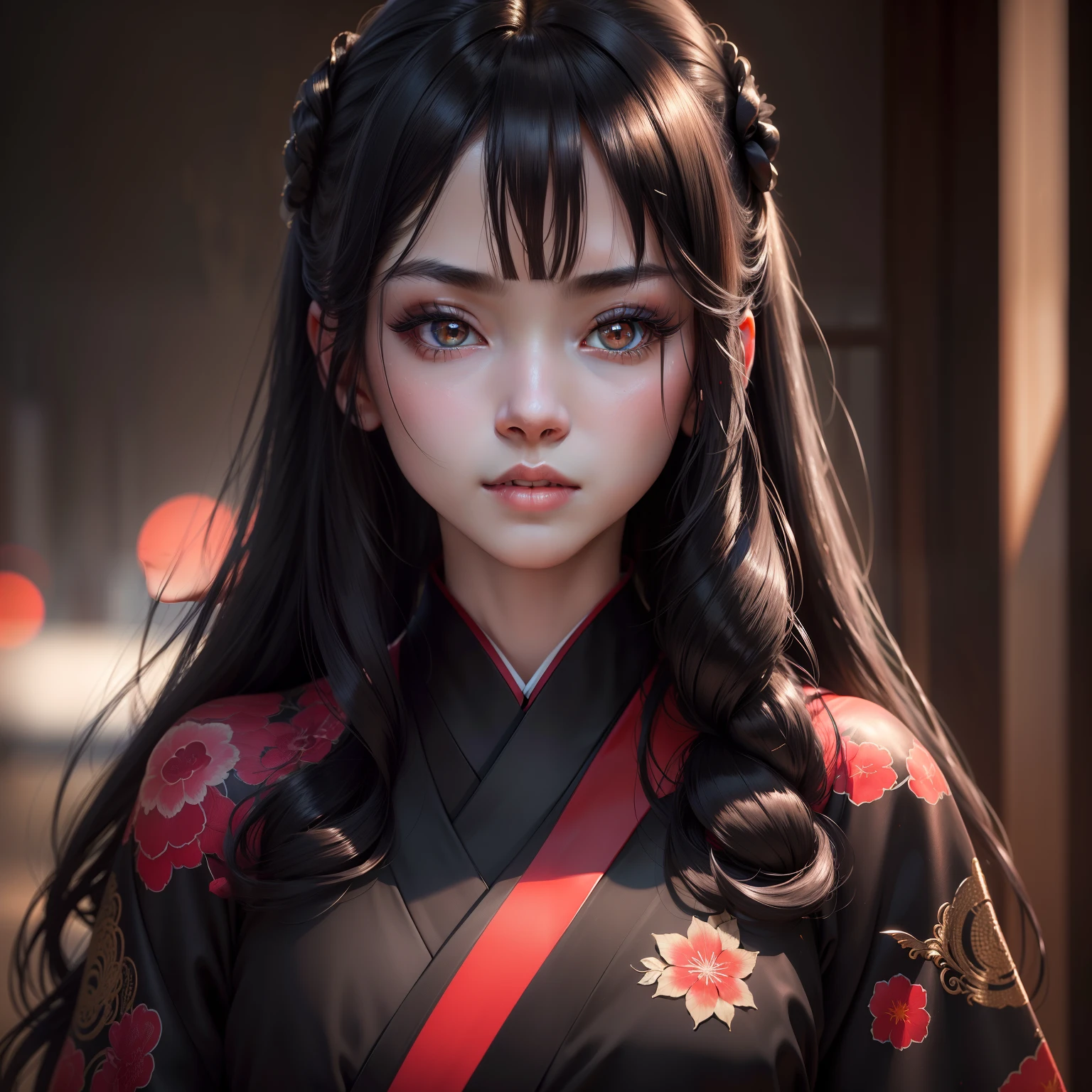 top-quality,Masterpiece,8K,Raw foto,(Photorealsitic:1.25),RAW Photography,shinny skin,超A high resolution,(Depth of subject:1.8),a beauty girl,Black mysterious long hair,Lashes,二重まぶた,Glossy black kimono,Red band