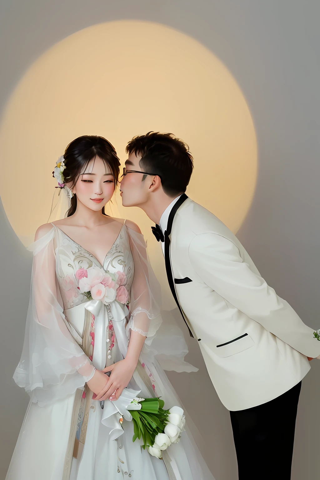 The photo shows a man and a woman kissing each other, wedding photo, photoshoot, Photo taken with Nikon D 7 5 0, Photo taken with Nikon D750, cute couple, Ruan Jia and Fenghua Zhong, shaxi, photographed, product introduction photos, professional wedding photography, wedding photography, couple pose, professional photoshooting