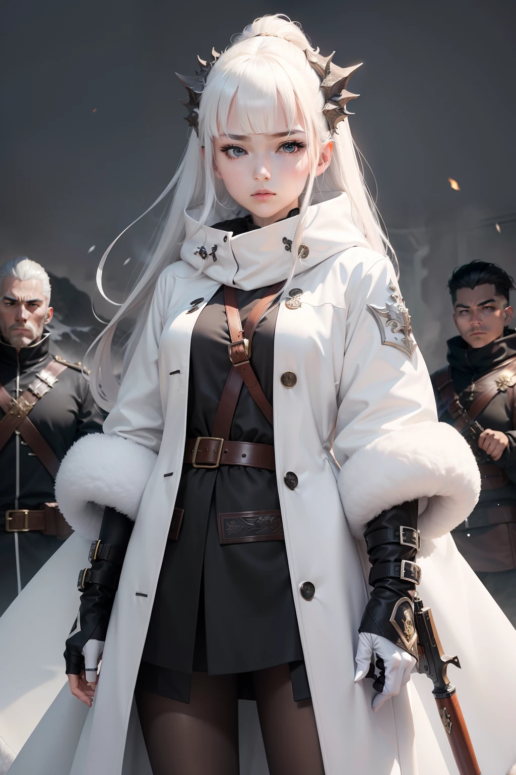 Manteau blanc,whaite hair,high and cold,Royal sister,Behind him is the mysterious dragon。holding gun,full bodyesbian,tmasterpiece,k hd