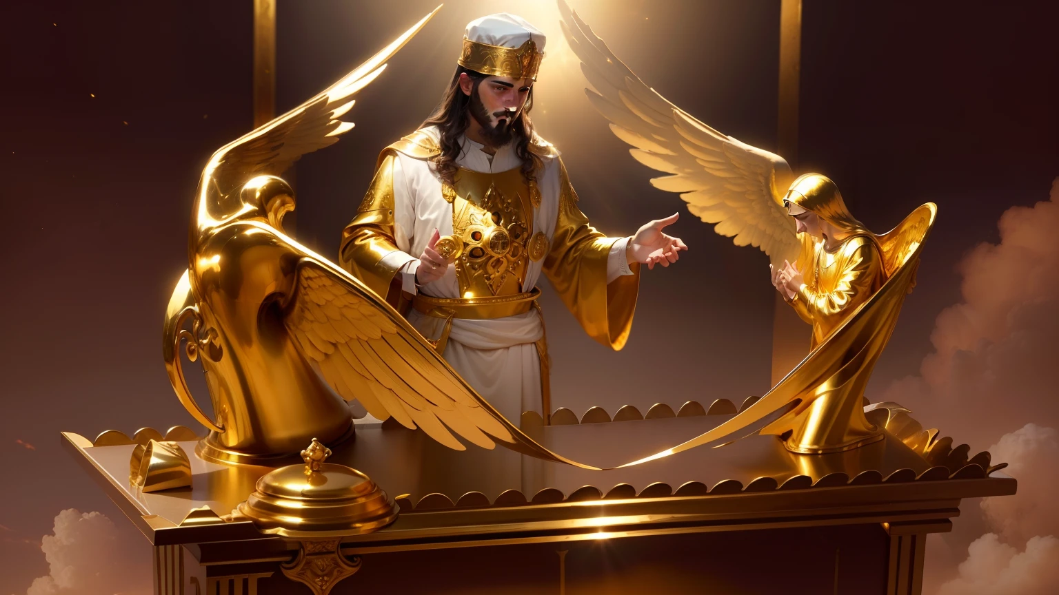 Jesus Cristo com aspecto resplandecente com roupas de sacerdote, Before the Ark of the Covenant with Golden Male Cherubs of Pure Gold. imagem celestial, Image with very high lighting quality, Very high resolution image, image with very high coloration, imagem hiperdetalhada, imagem hiper realista