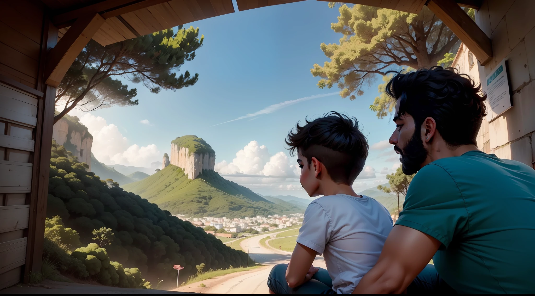 Segurando com amor seu filho, paisagem pitoresca. --auto