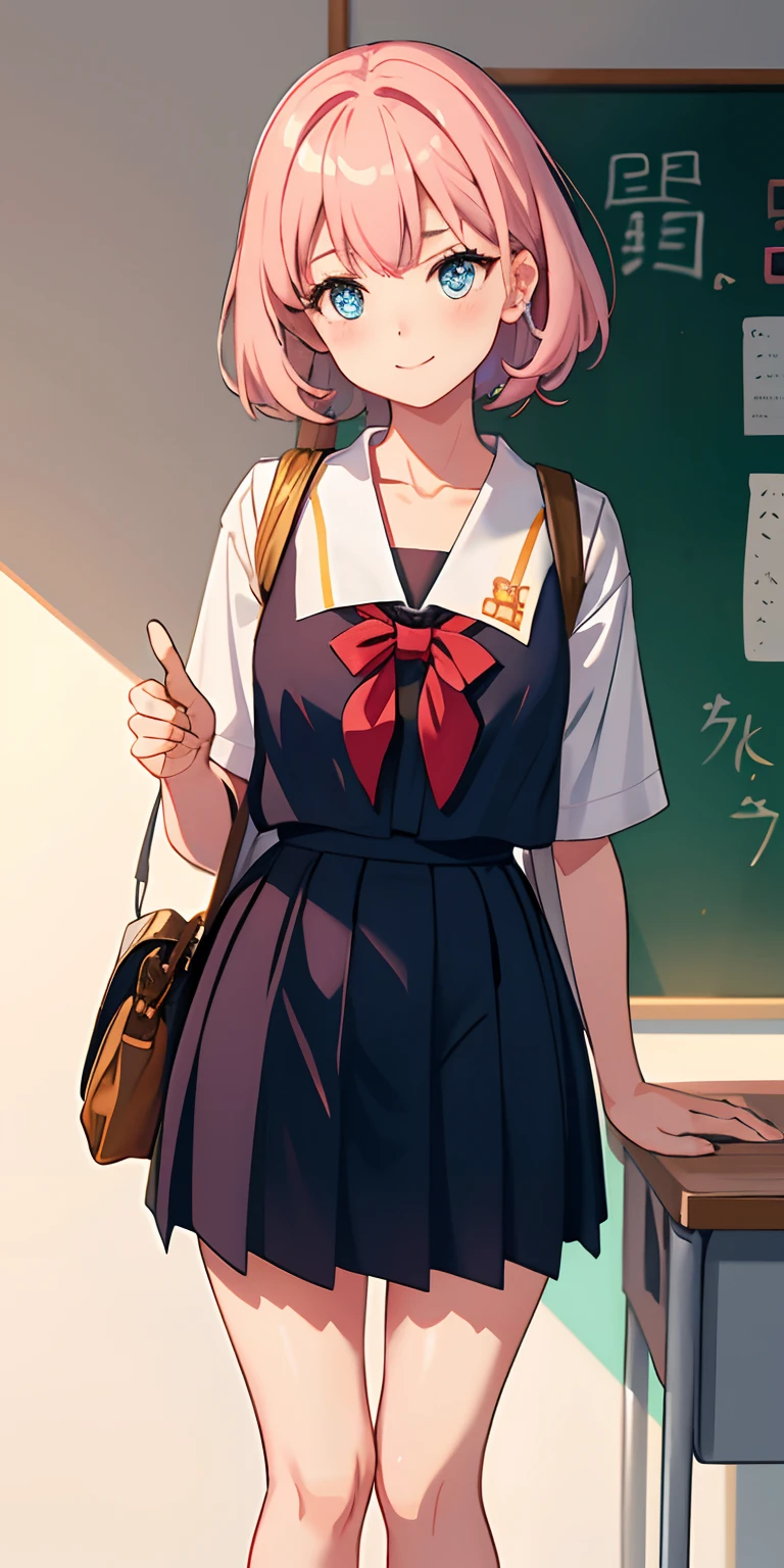 1 medium breasts girl standing on desk,The students turned their heads to look,Side breasts,Lower breast,lip flap,Blushlush,Makeup,Light smile,校服,‎Classroom,bookbag,llight rays,Glow,upper legs,鎖骨,a narrow waist,(tmasterpiece),the wallpaper,full bodyesbian