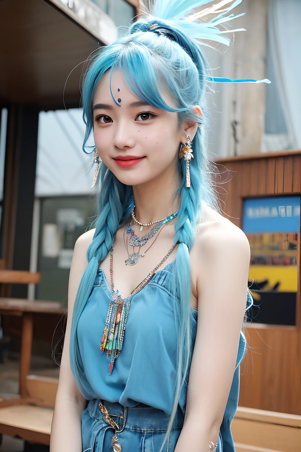 (extra detailed body、extra detailed face、best qualtiy:1.2)、femele、looking at the viewers、(lightblue hair、Flashy clothes、、a smile、Feather piercings down to the bottom of the shoulder、hippy、hair adornments、Fancy Necklaces、bell-bottoms)、(Woodstock:1.4)