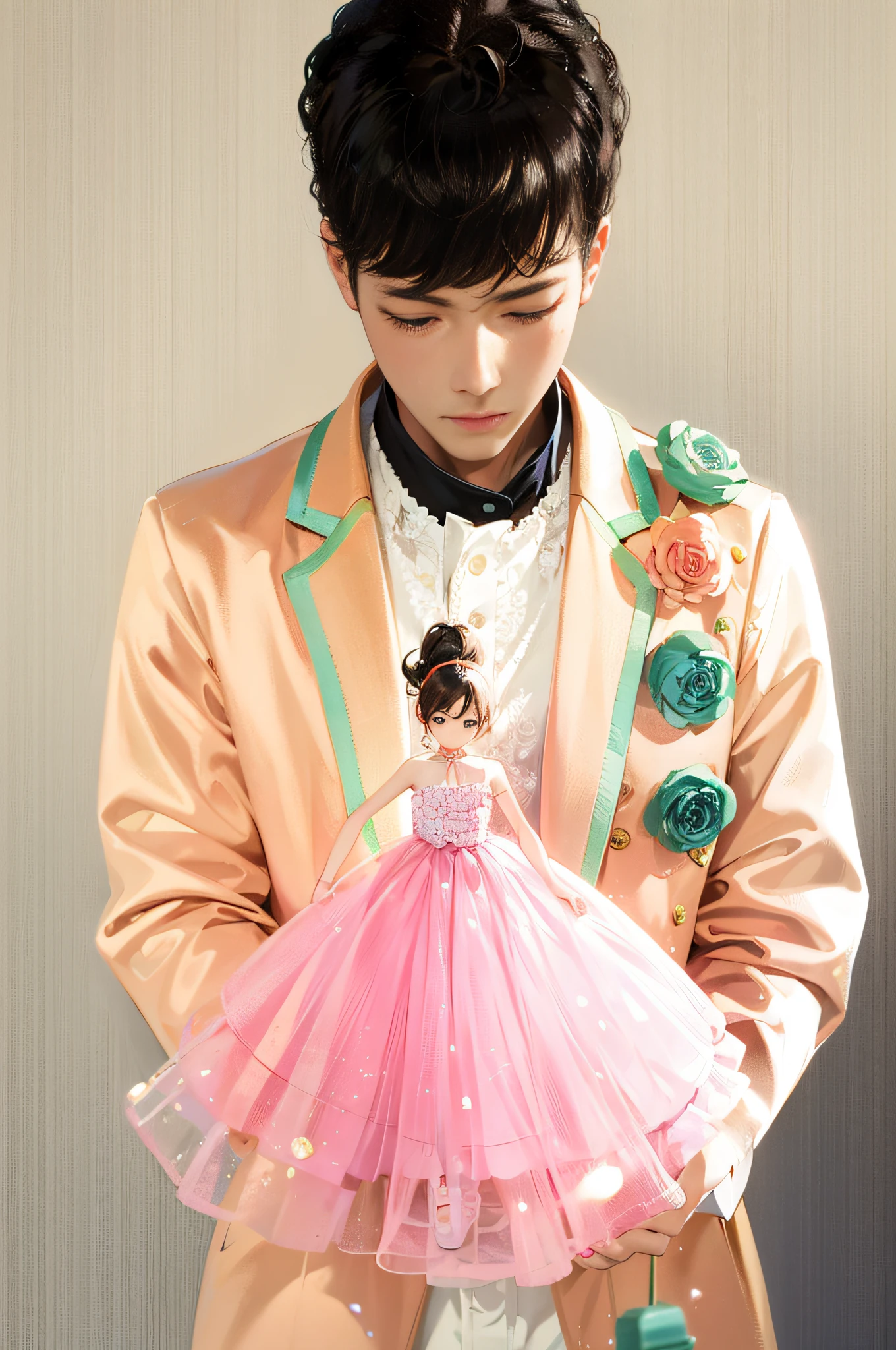 There is a man in an orange suit and pants holding a cute doll in his hand,Translucent pink doll