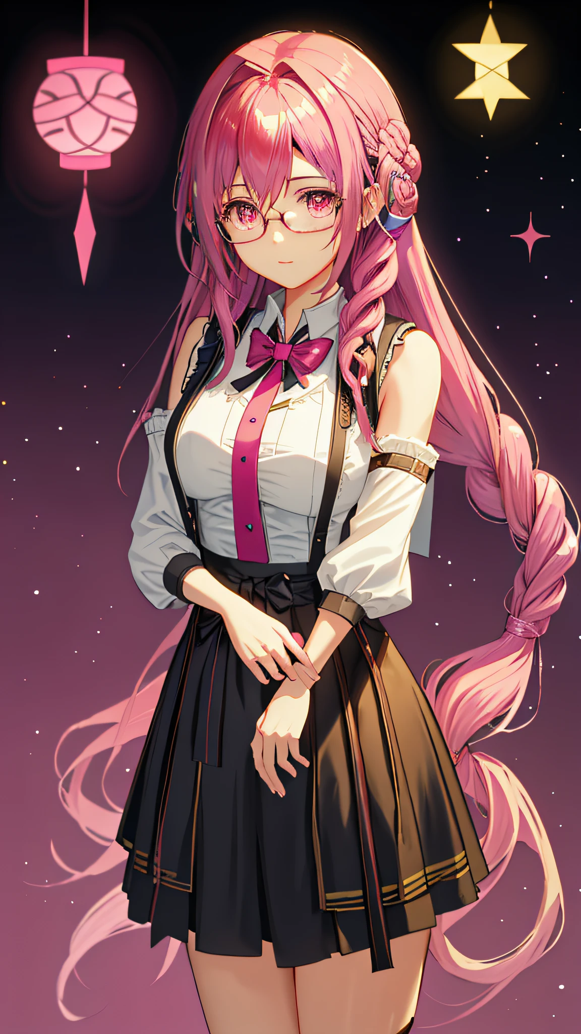 with pink hair,The twisted braid is cute Color pink hair Thick paint Drawing of girl with glasses and tie Anime moe art style Young anime girl,The twisted braid is a cute pink hair thick painting