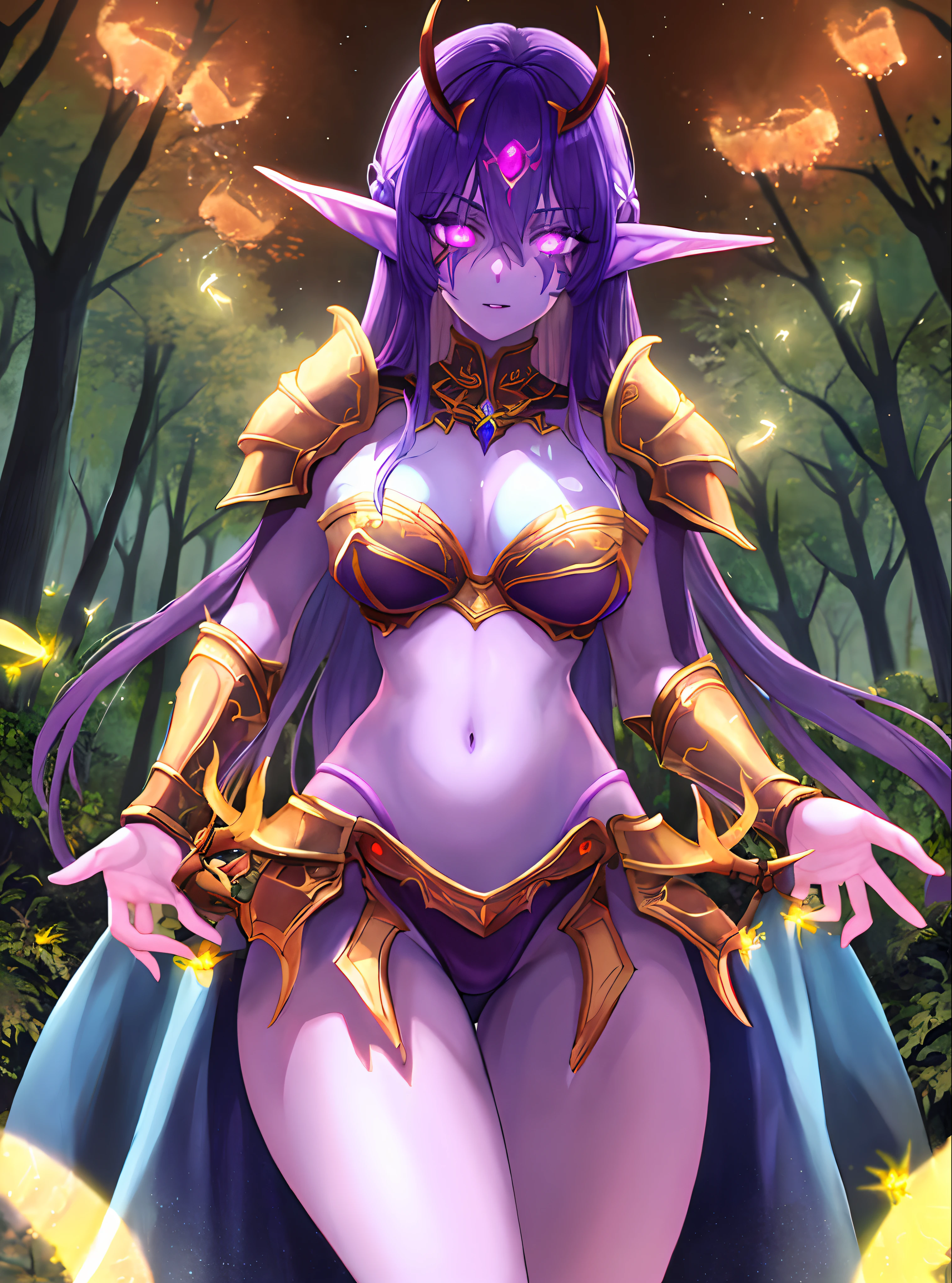 masterpiece, detailed, high quality, absurdres, nightelf, 1girl, solo, purple hair, white eyes, blue skin, glowing eyes, (no pupils), facial mark, armor, strapless, bra, pelvic curtain, hair ornament, forest, night, night sky, fireflies, cowboy shot