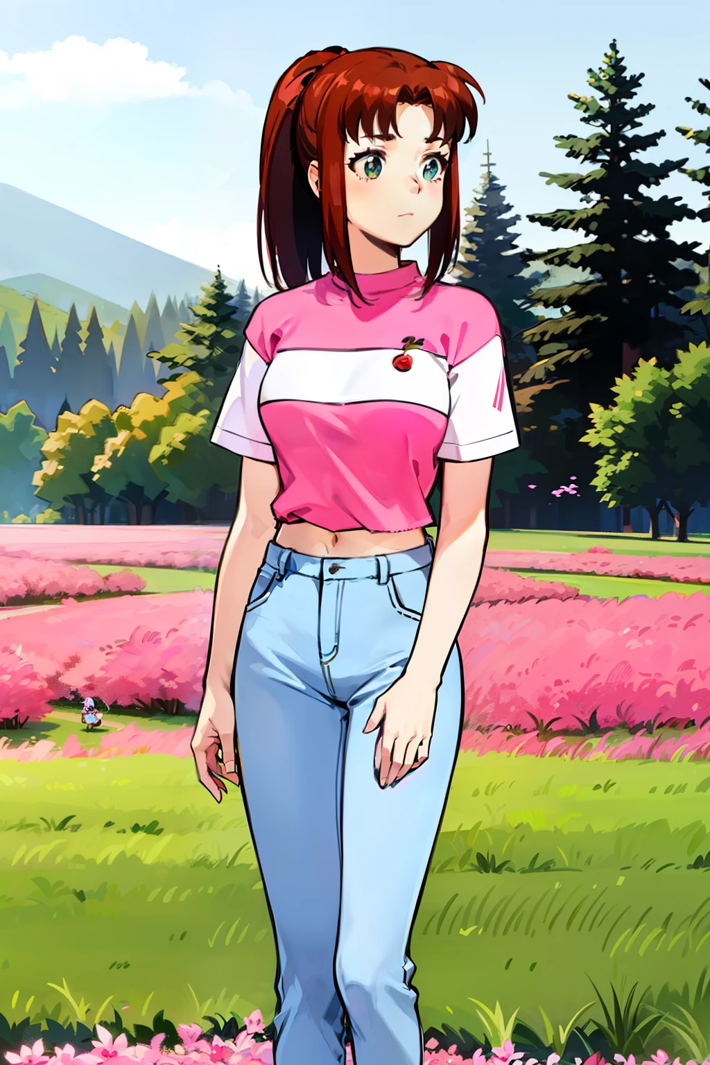 Animate，1girll，Crimson hair, Short pink sleeves，Short pink sleeves，Short sleeves with white stripes in the middle，There is a string of cherries between the pink and white of the clothes， Short-sleeved clothes also have white stripes on the cuffs，mediuml breasts，Open your hands, blue denim pants，Single ponytail hair，Alone