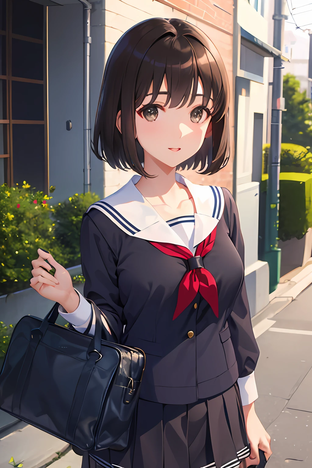 (masterpiece:1.6, best quality), (finely detailed beautiful eyes: 1.2),  ph_katou, katouhdlong, katouhd, 1girl, solo, black school uniform, short hair, skirt, bangs, brown eyes, brown hair, pleated skirt, black socks, kneehighs, school bag, serafuku, collarbone, long sleeves, sailor collar, street, outdoors,