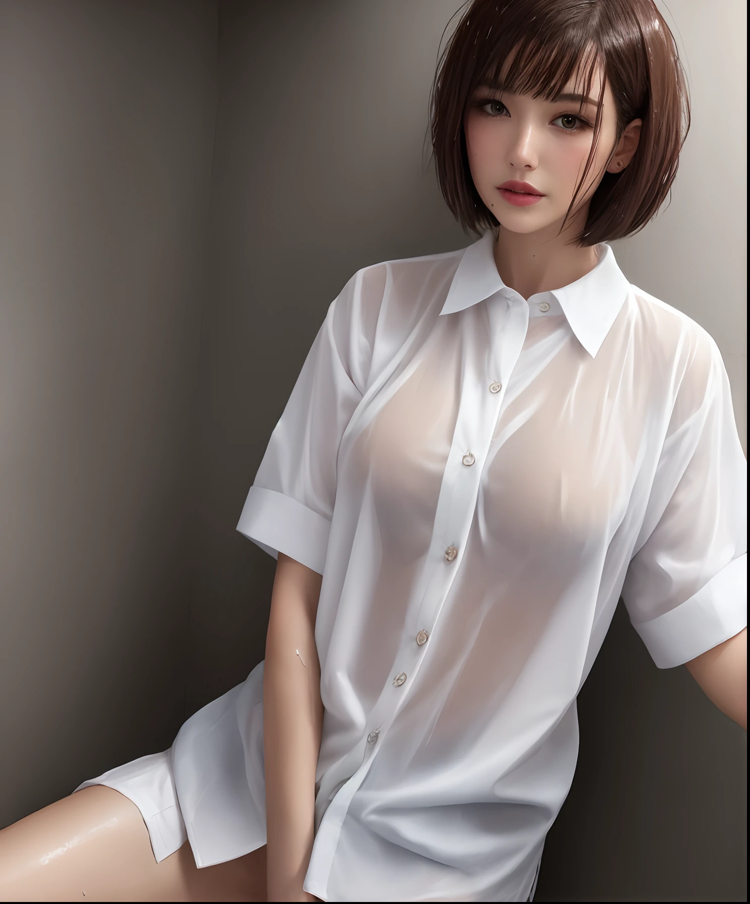 Bobcut mature , wet white shirt ,