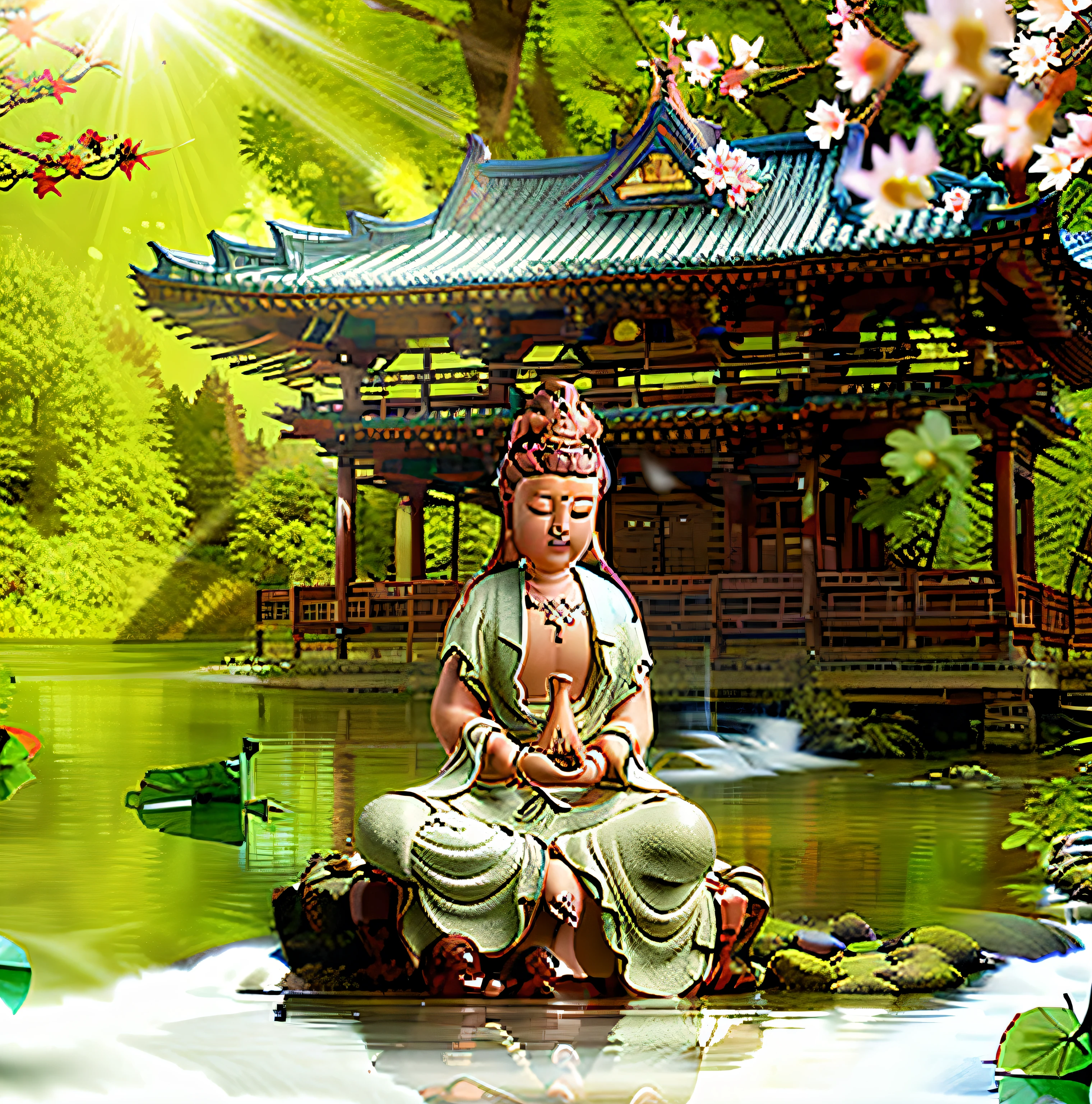 Guanyin sits on a lotus throne, Guanyin Bodhisattva, Avalokitesvara, Chinese temples scattered in the forest not far away,   Waterfalls pour into lakes or streams in the background, Mountains and small lake of Briante in the background, lotus flowers in the foreground, Clear and clear fingers, Clear and distinctive toes, Clear and vivid facial features,jewelry, leafs, the lilies, Lily_pads, necklace, plant, Solo, chinese temple, paths, cherry blossom, Sharp focus, sun's rays, Sparkling ripples, Wind ripples, hyper-high detail, Realphotos, Intricate details, Perfectcomposition, beautiful detailed intricate, 8 K photography, Photorealistic, Masterpiece, photo-realistic, Image Enhancement,Image post-processing,Image retouching