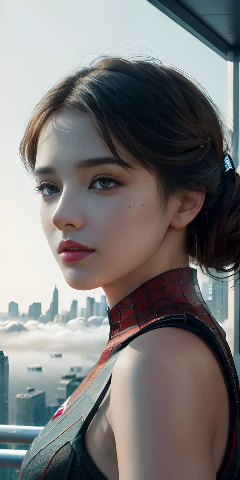(1girl:1.3), Solo, (((Very detailed face)))), ((Very detailed eyes and face)))), Beautiful detail eyes, Body parts__, Official art, Unified 8k wallpaper, Super detailed, beautiful and beautiful, beautiful, masterpiece, best quality, original, masterpiece, super fine photo, best quality, super high resolution, realistic realism, sunlight, full body portrait, amazing beauty, dynamic pose, delicate face, vibrant eyes, (from the front), She wears Spider-Man suit, red and black color scheme, spider, very detailed city roof background, rooftop, overlooking the city, detailed face, detailed complex busy background, messy, gorgeous, milky white, highly detailed skin, realistic skin details, visible pores, clear focus, volumetric fog, 8k uhd, DSLR, high quality, film grain, fair skin, photo realism, lomography, futuristic dystopian megalopolis, translucent