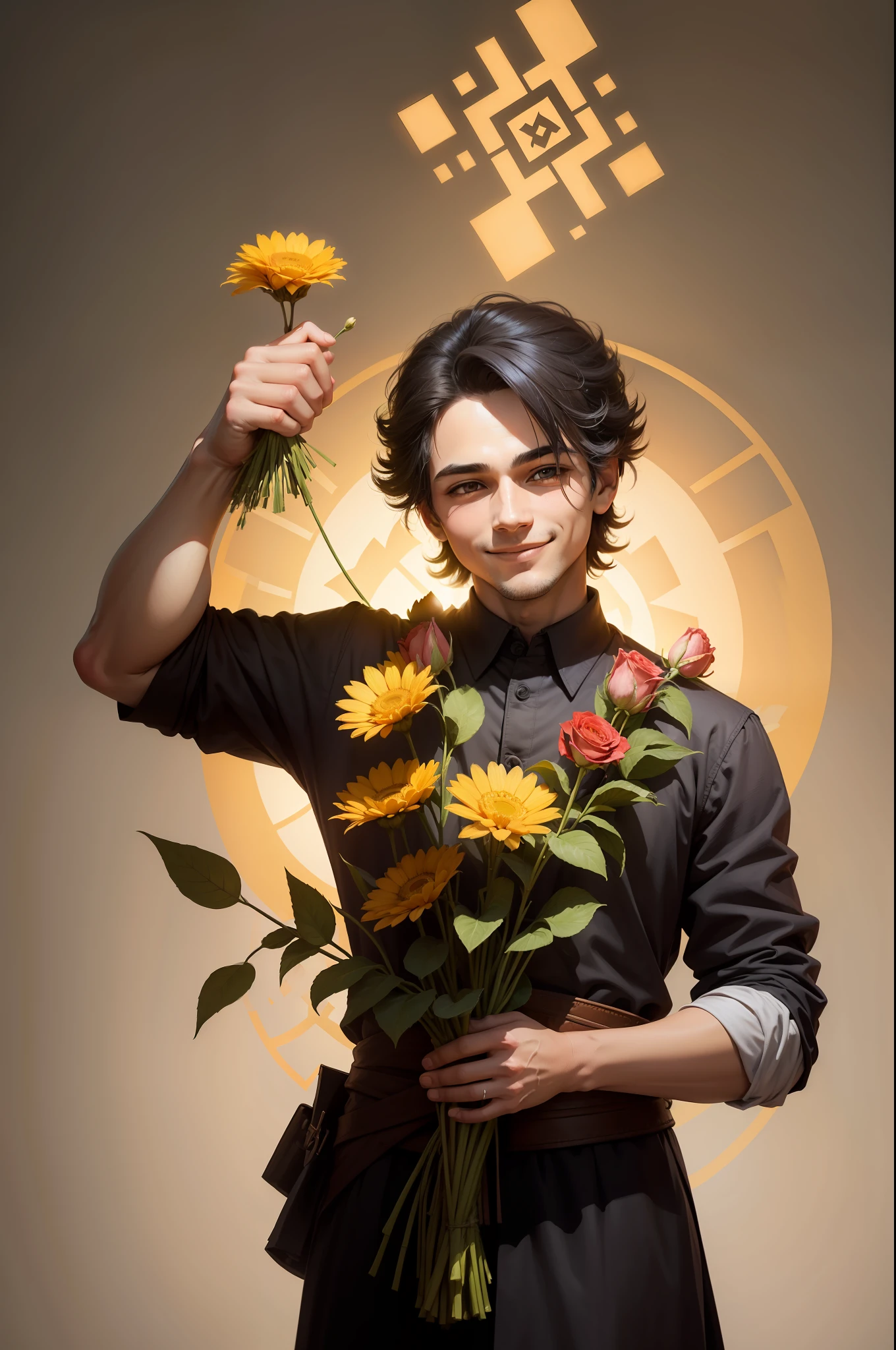 Swastika above the entire picture,The word is below the whole figure,Holding flowers in his hands, tilting his head and smiling