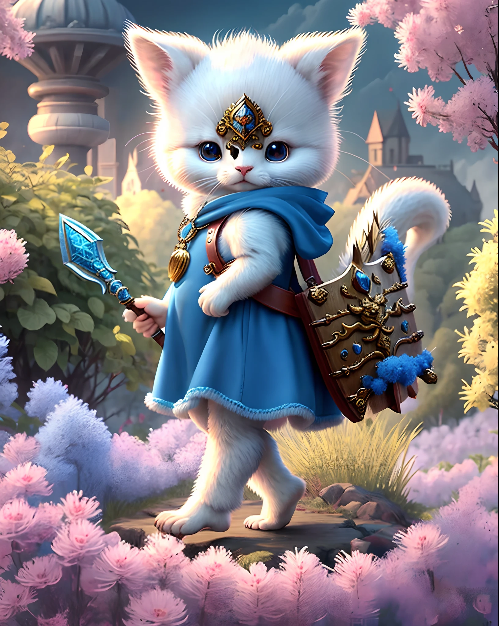 Top image quality、"Create a masterpiece of cute creatures. （ermine）, high detailing, in 8K、Top image quality、Dressed as a Dragon Quest adventurer、Holding a shield and spear in your hands、