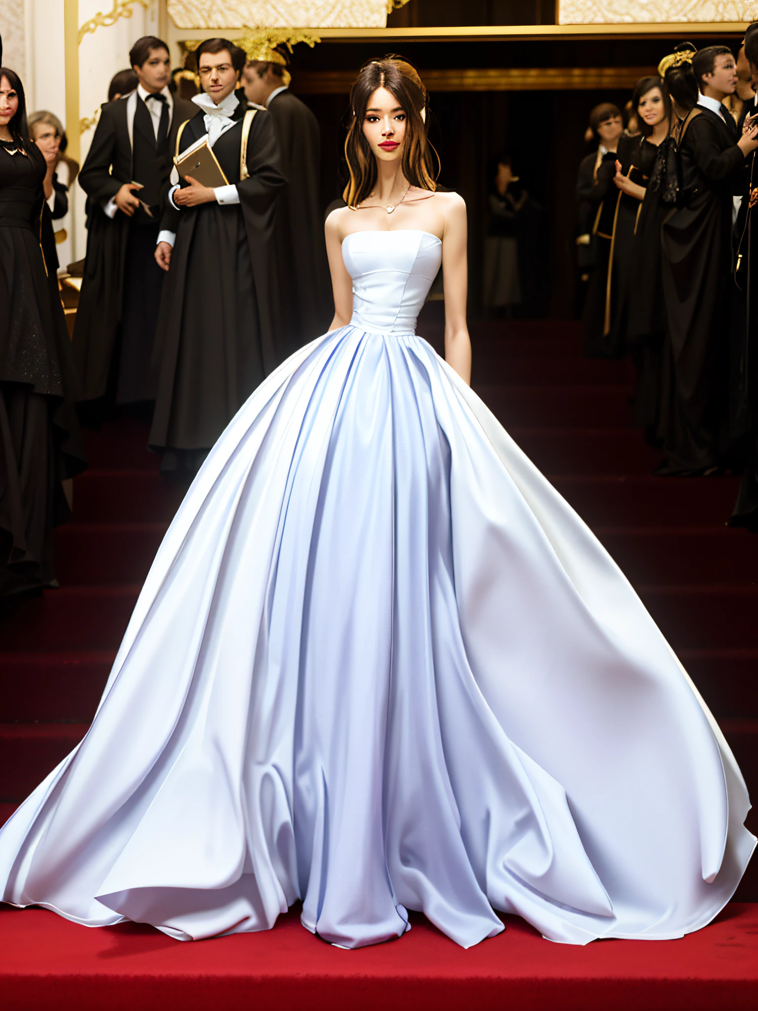 A woman who is,Wearing a white dress,ellegance