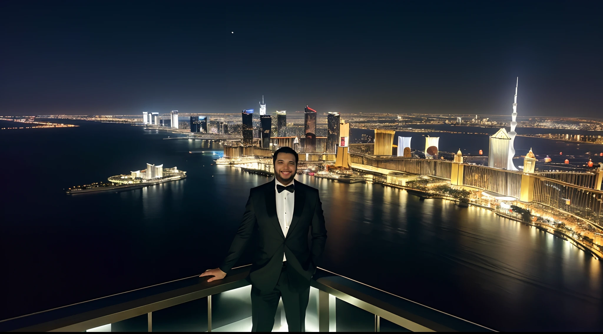 I draw for myself a man who is the embodiment of Success The personification of wealth, um homem de sucesso com roupas caras, carros caros, cercado de coisas caras, Maybe with a mansion in the background, talvez com a vista da cidade de Dubai ao fundo, maybe with the view of New York or maybe with the view from the top of the Burj Khalifa This man is extremely successful This man is extremely rich and he is. extremely happy he is a chubby, brasileiro barbudo, com um rosto bonito, um sorriso bonito e tem 36 anos e usa roupas caras, but matching the environment in some photos He's in an executive outfit, In other photos he is in a more relaxed way, mas sempre extremamente chique, extremamente bonito e extremamente bem cuidado. em Las Vegas, a noite ceu muito estrelado lua cheia las vegas , panorama shot , carros de luxo ao fundo, bela vista panoramica