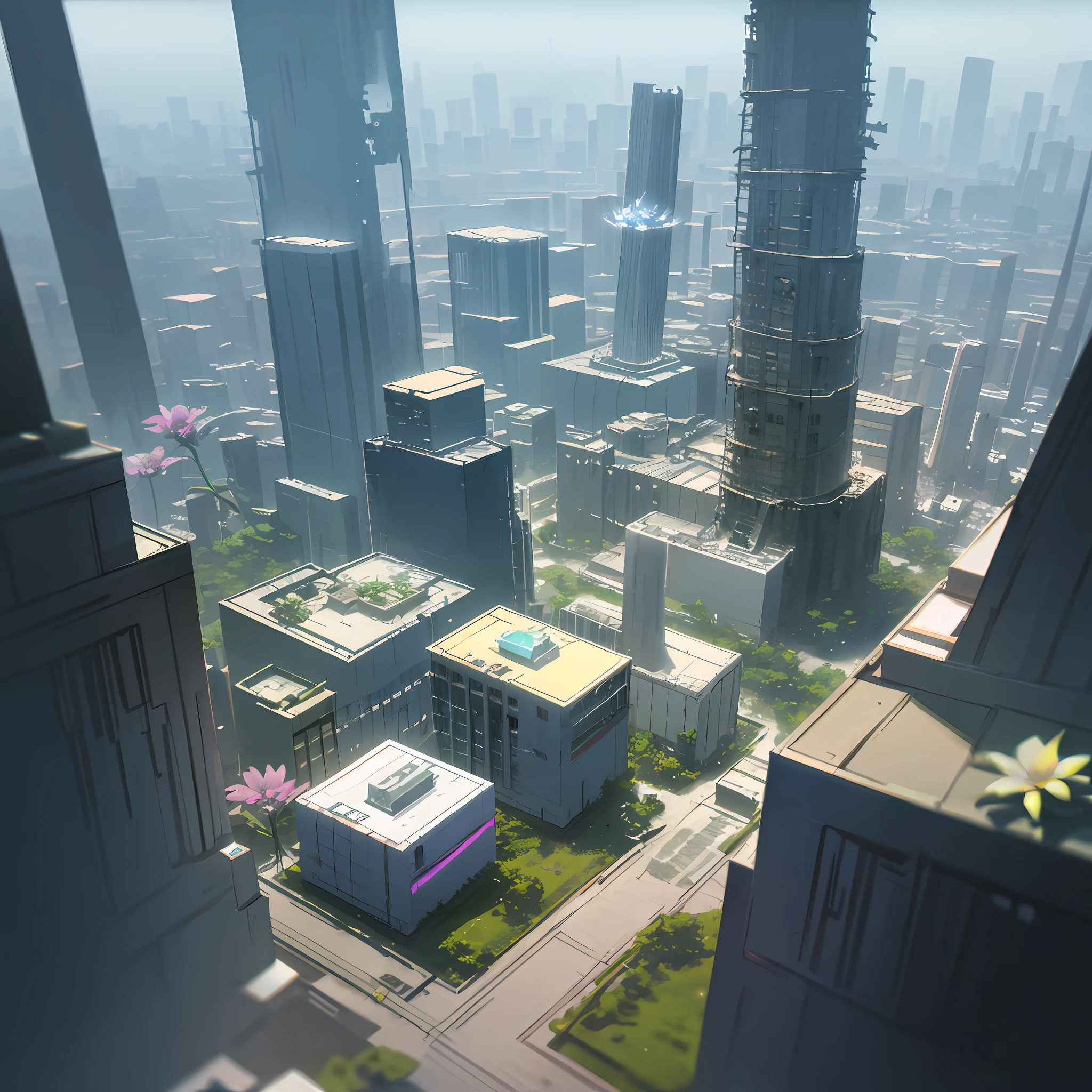 dskise, (isometric) , (flower), (vaporwave), isometric cutaway of a crystalized dilapidated city, cityscape,  volumetric lighting ,FXAA, Chromatic Aberration, Concept Art, 8k Concept Art, Greg Rutowski, (unreal engine), octane render, dskise