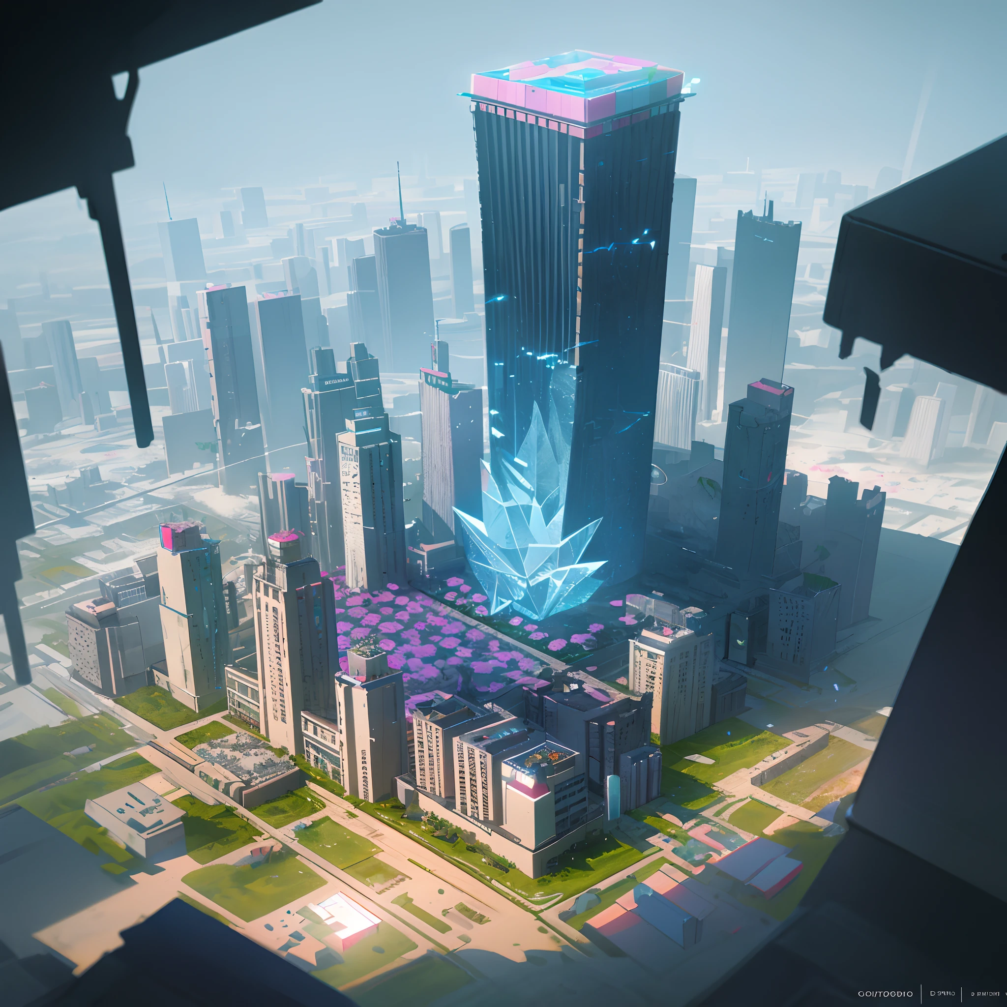 dskise, (isometric) , (flower), (vaporwave), isometric cutaway of a crystalized dilapidated city, cityscape, volumetric lighting ,FXAA, Chromatic Aberration, Concept Art, 8k Concept Art, Greg Rutowski, (unreal engine), octane render, dskise