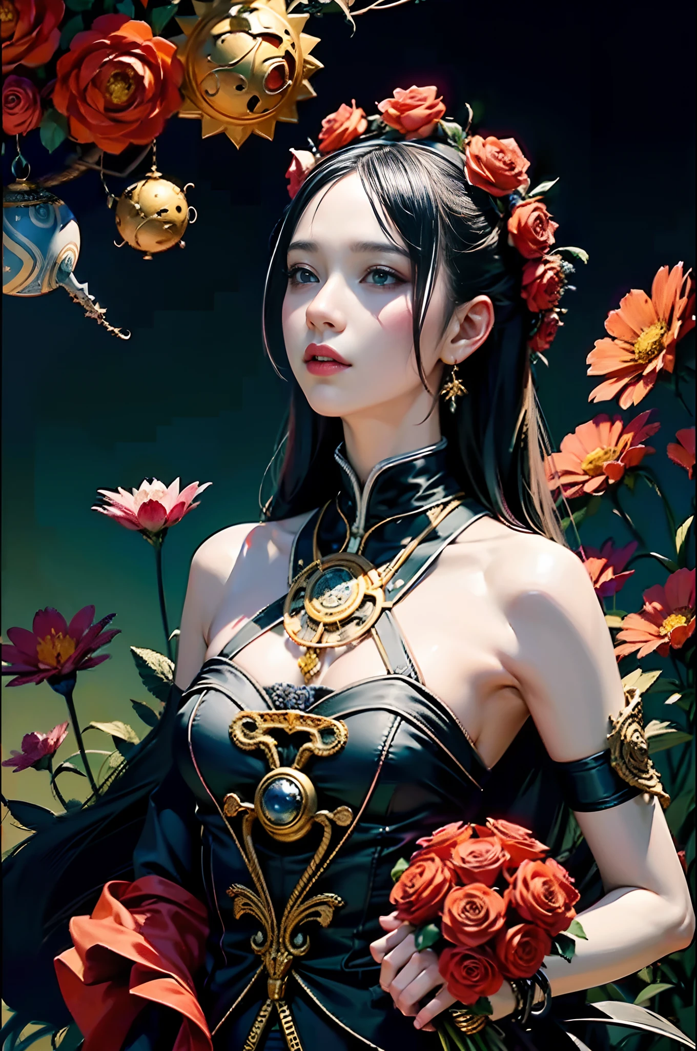 official art, unity 8k wallpaper, ultra detailed, beautiful and aesthetic, masterpiece, best quality, (zentangle, mandala, tangle, entangle), (fractal art:1.3) , 1girl, red flowers,  extremely detailed, dynamic angle, cowboyshot, the most beautiful form of chaos, elegant, a brutalist designed, vivid colours, romanticism, by james jean, roby dwi antono, ross tran, francis bacon, michal mraz, adrian ghenie, petra cortright, gerhard richter, takato yamamoto, ashley wood, atmospheric