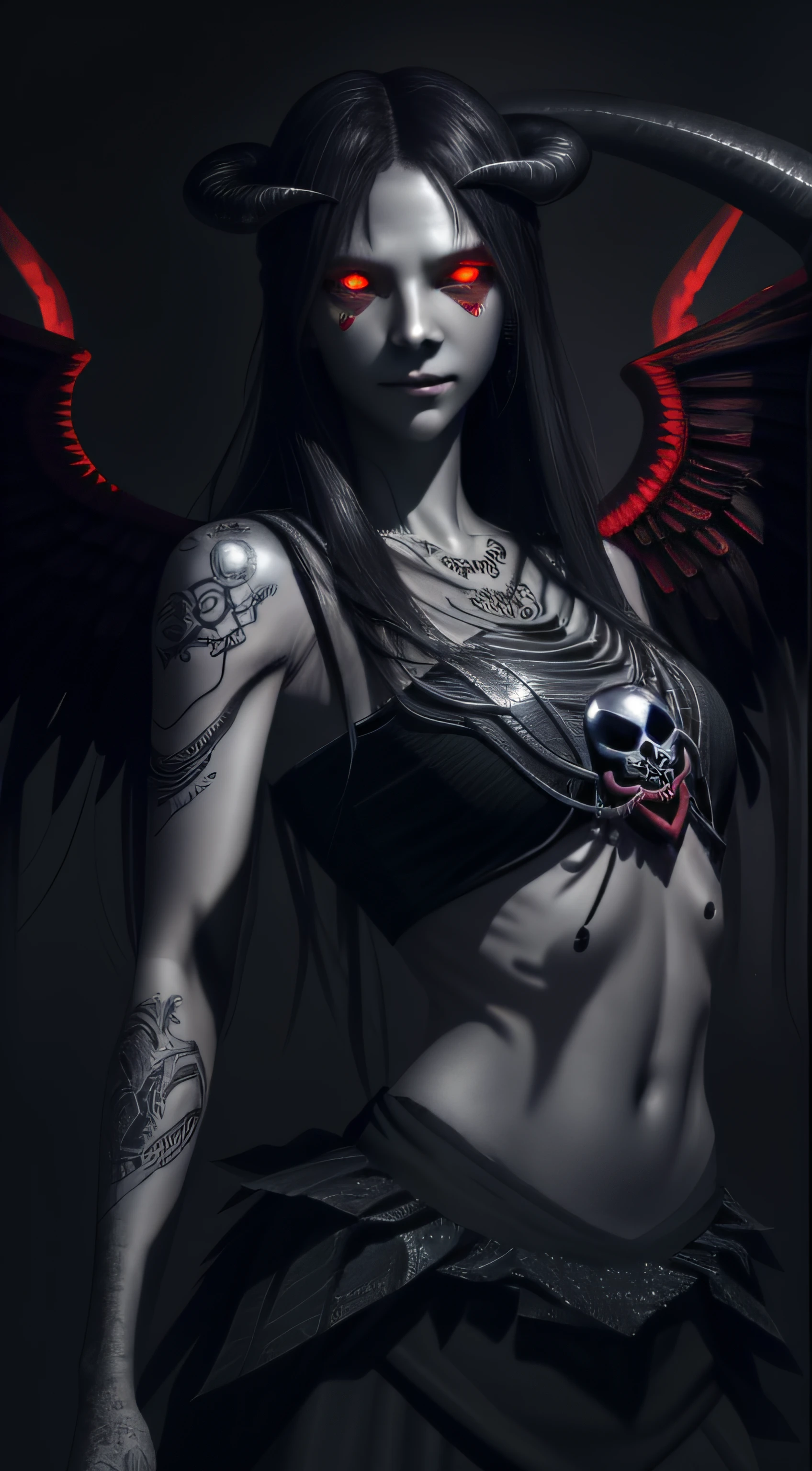 Lolo Pechka,view the viewer, (Demon Girl), Demon wings, (Gray skin:1.2), Evil smile, Black hair, chest tattoo, (red ilumination),  Glowing eyes, Red eyes, (Black sclera:1.35) ,colored sclera,parted lip,  Best quality, Masterpiece, Intricate details, Sweet smell, Outdoors, (rain:1.1), Night, sky,  Moon,  trending on artstationh,1 girl, Solo,Blood rain, Blood