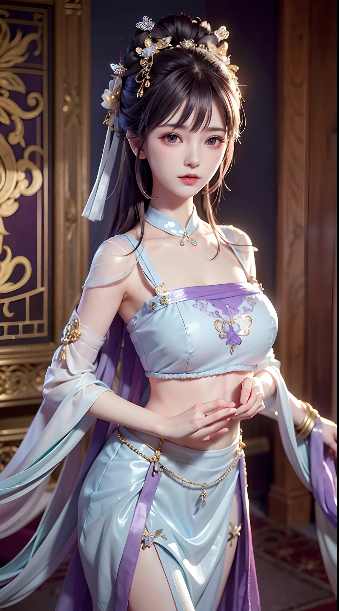Bust photo, a beautiful woman, messy hair, girly, symmetrical bun, hair accessories, jewelry, delicate face, eye shadow, purple top, purple, purple, crop navel, purple long skirt, Dunhuang style, delicate embroidery, silver decoration, silver streamer, white streamer, light blue streamer, delicate skin, soft light effect, delicate and smooth hair, delicate details, eye highlights, fair skin, fine portrayal, extreme details, cinematic quality, thin, slender, broken, hair details, thin bangs, shawl hair, right body, shadow, air bangs, 8K, super fine, fine fabric texture, soft, smooth, smooth texture, Dunhuang style, delicate pattern, correct hand painting, anatomy correct, accurate, night, dark night, lighting, Tyndall effect, ray tracing, HUD,