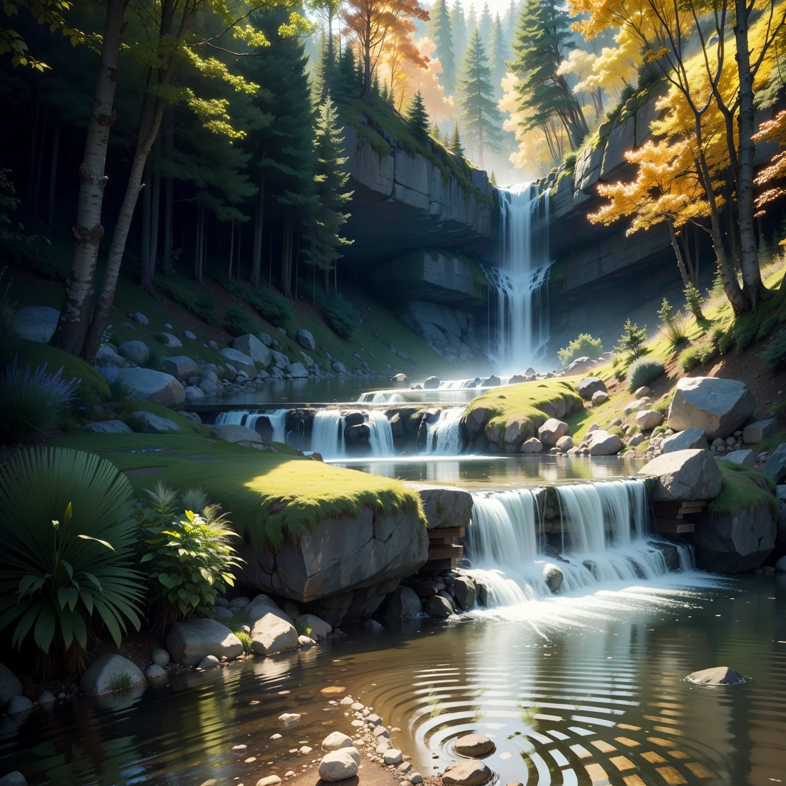 High hills，flowingwater，waterfallr，the woods，small stream