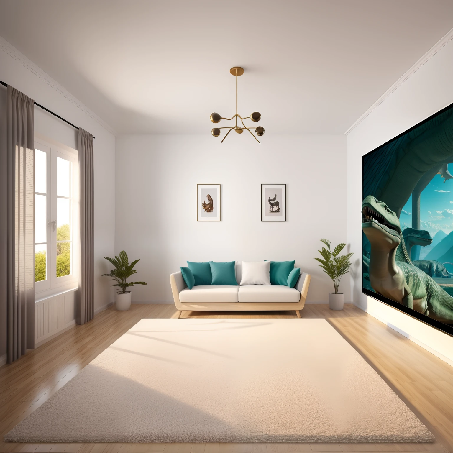 Simple indoor scene, There are dinosaur dolls on both sides of the picture, White carpet, Surrealism, wide shot, panorama, UHD, high details, high quality, highres, best quality, 8k