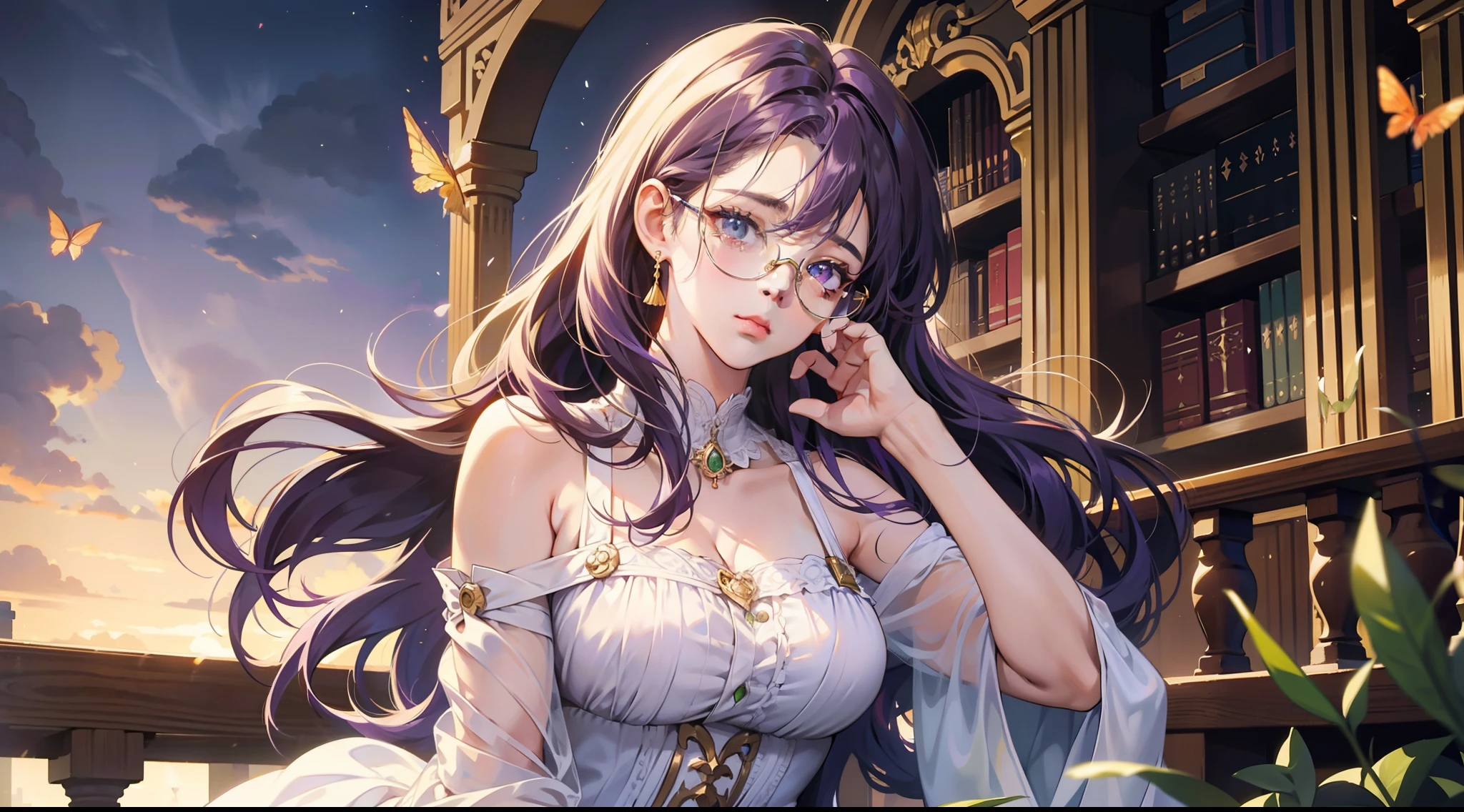 Purple curly hair, long whitr hair, Golden eyes, Green frame glasses, Young and beautiful woman, libraryai, Greek classic white long dress, Look up,romanticism lain, anime big breast, Depth of field, Cinematic lighting, Chiaroscuro, Close-up, hyper HD, Masterpiece, High details, A high resolution, 16k,butterflys，Look sideways from the top left corner，streaming tears，Sit on the left side
